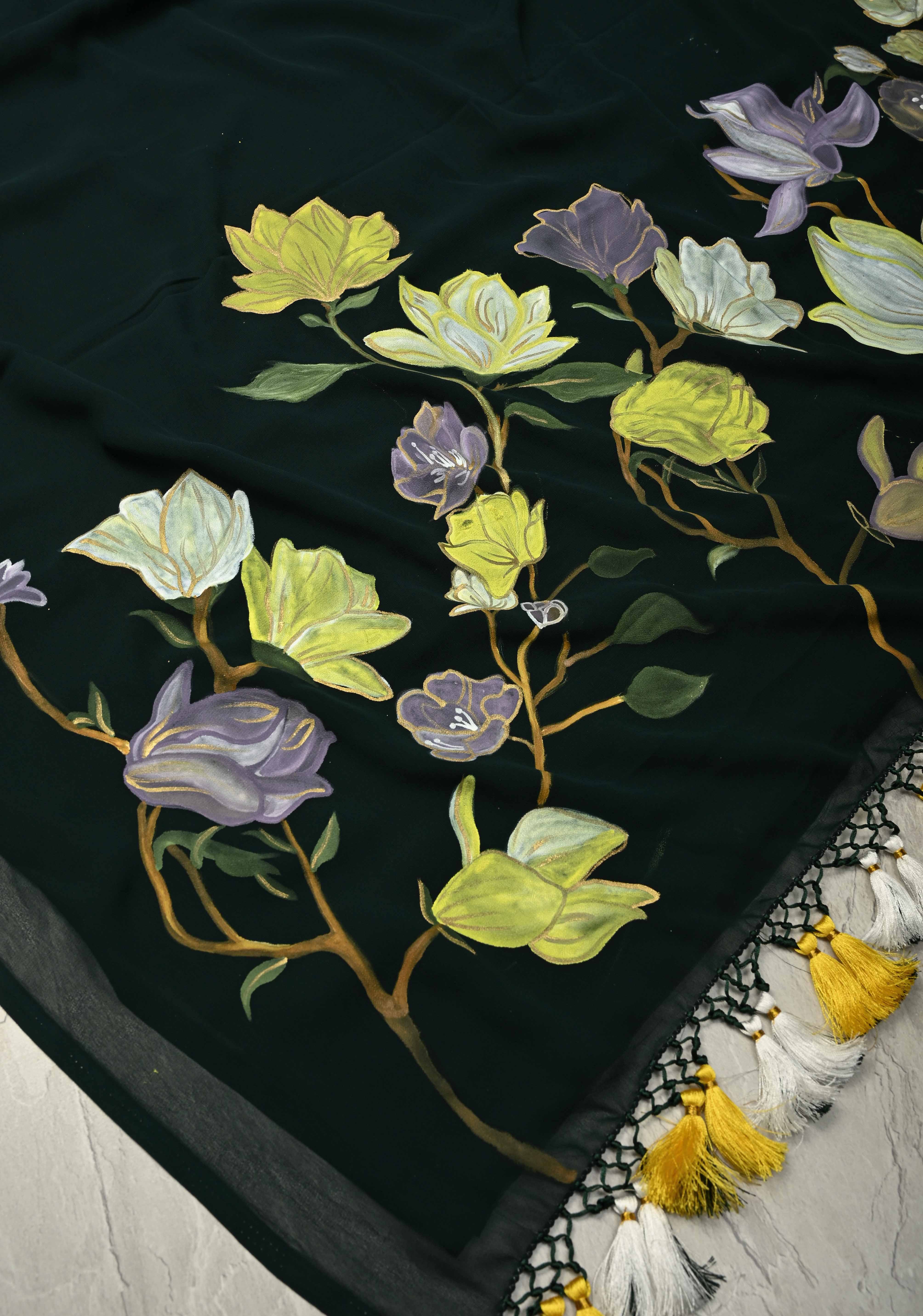 Bottle Green Georgette Saree with Floral Blooming Hand Painted on Pallu, No Blouse Piece | Shobitam
