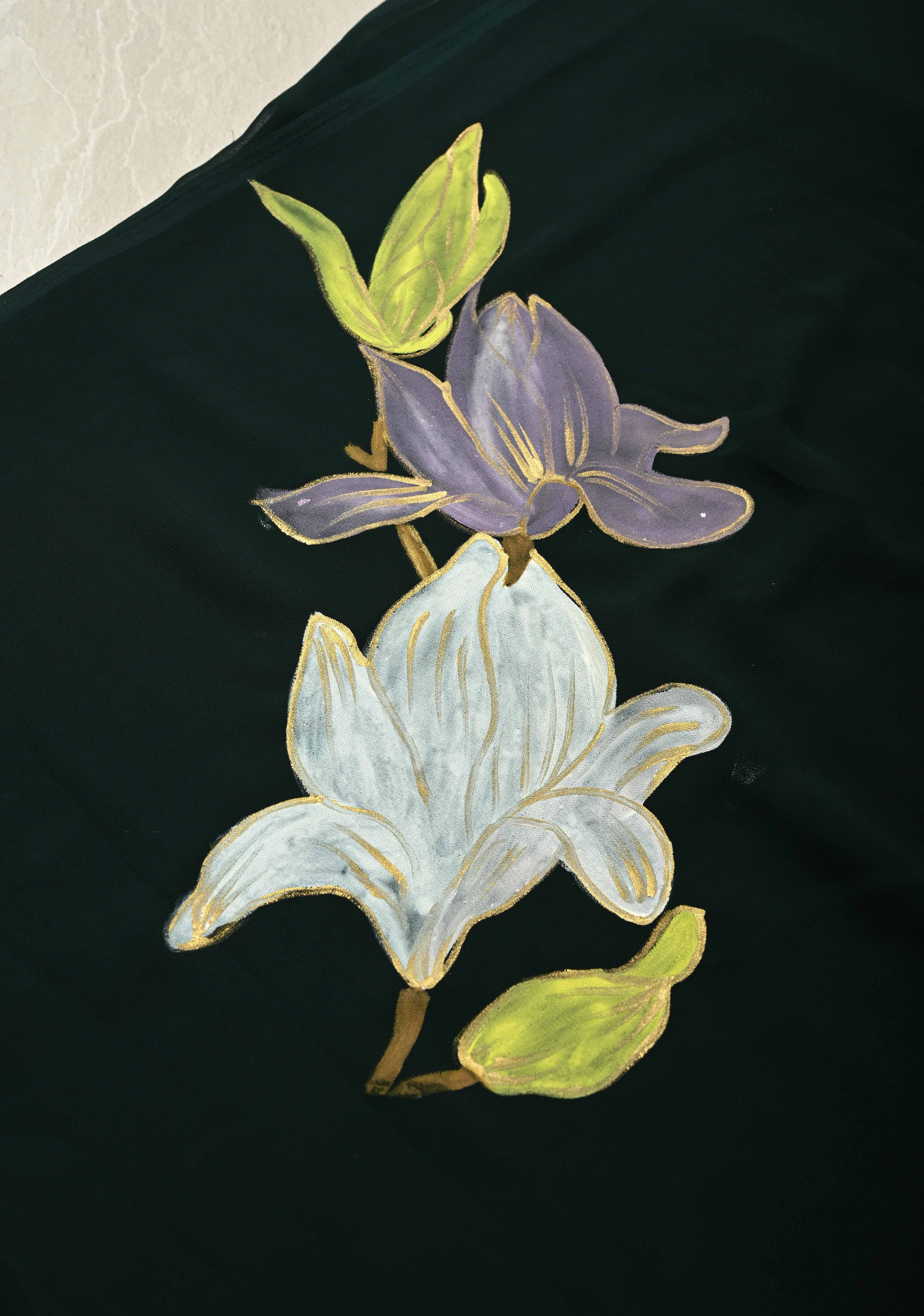 Bottle Green Georgette Saree with Floral Blooming Hand Painted on Pallu, No Blouse Piece | Shobitam