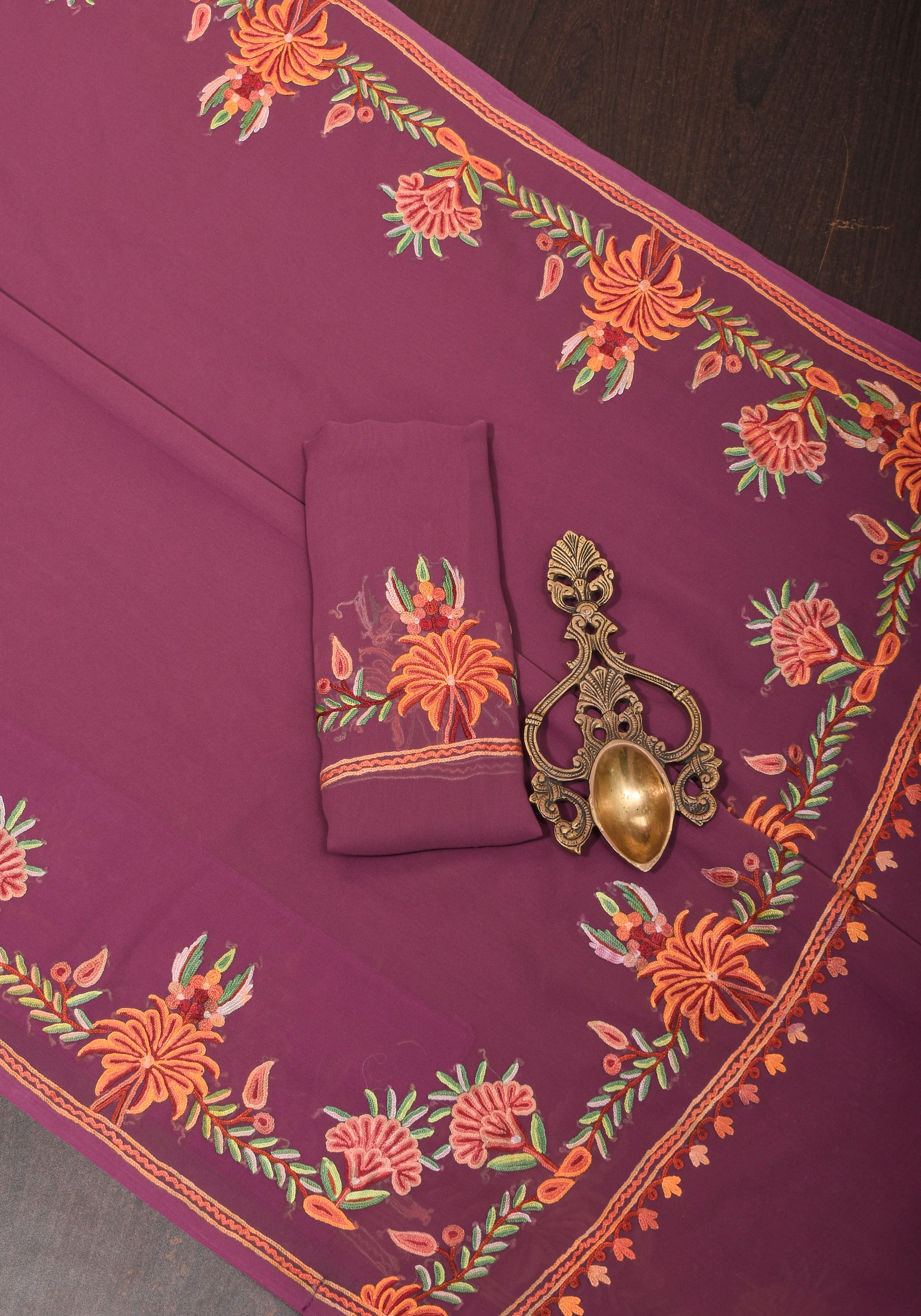 Plum Kashmiri Aari Style Embroidery Georgette Saree with floral design border | Shobitam