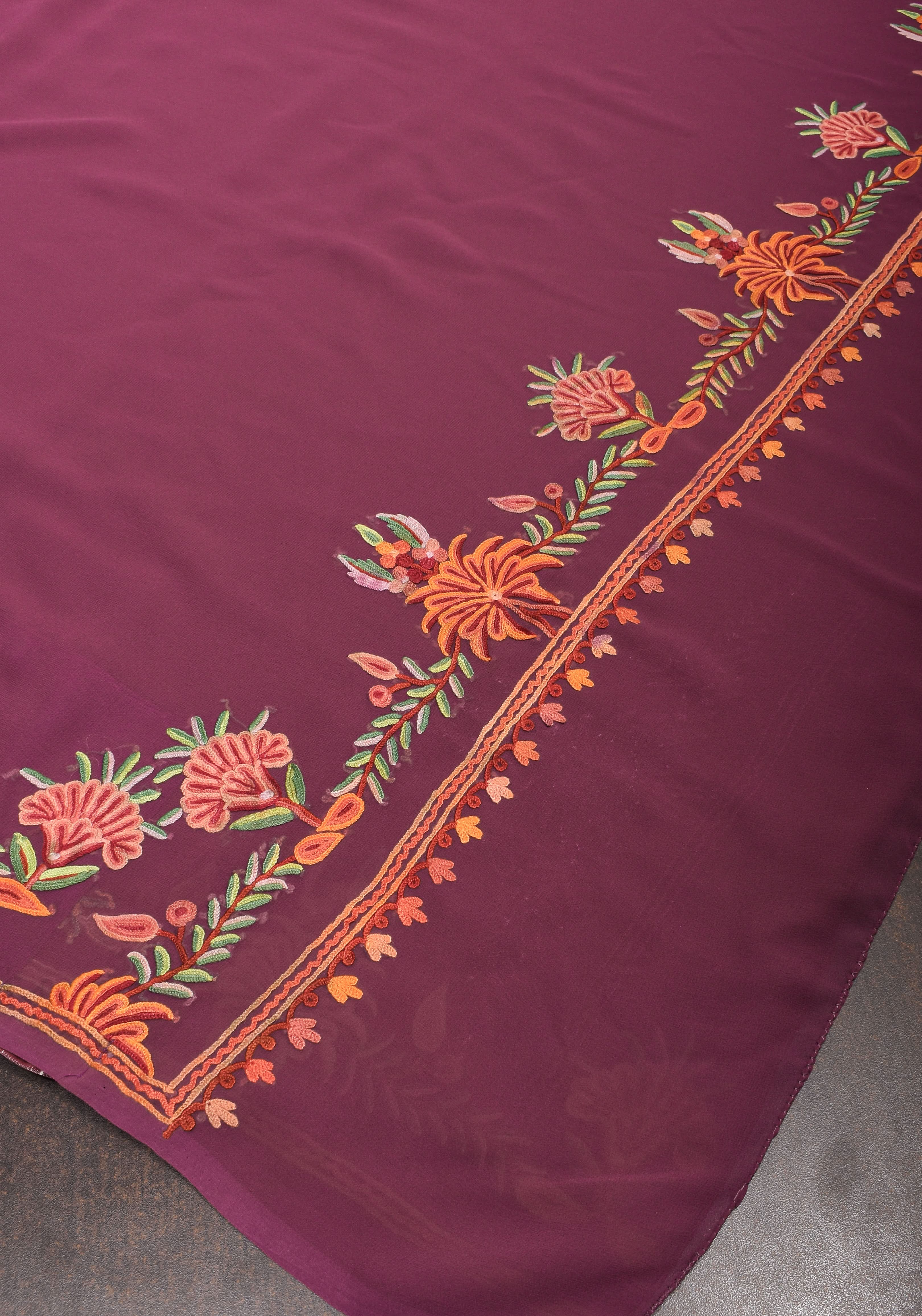 Plum Kashmiri Aari Style Embroidery Georgette Saree with floral design border | Shobitam