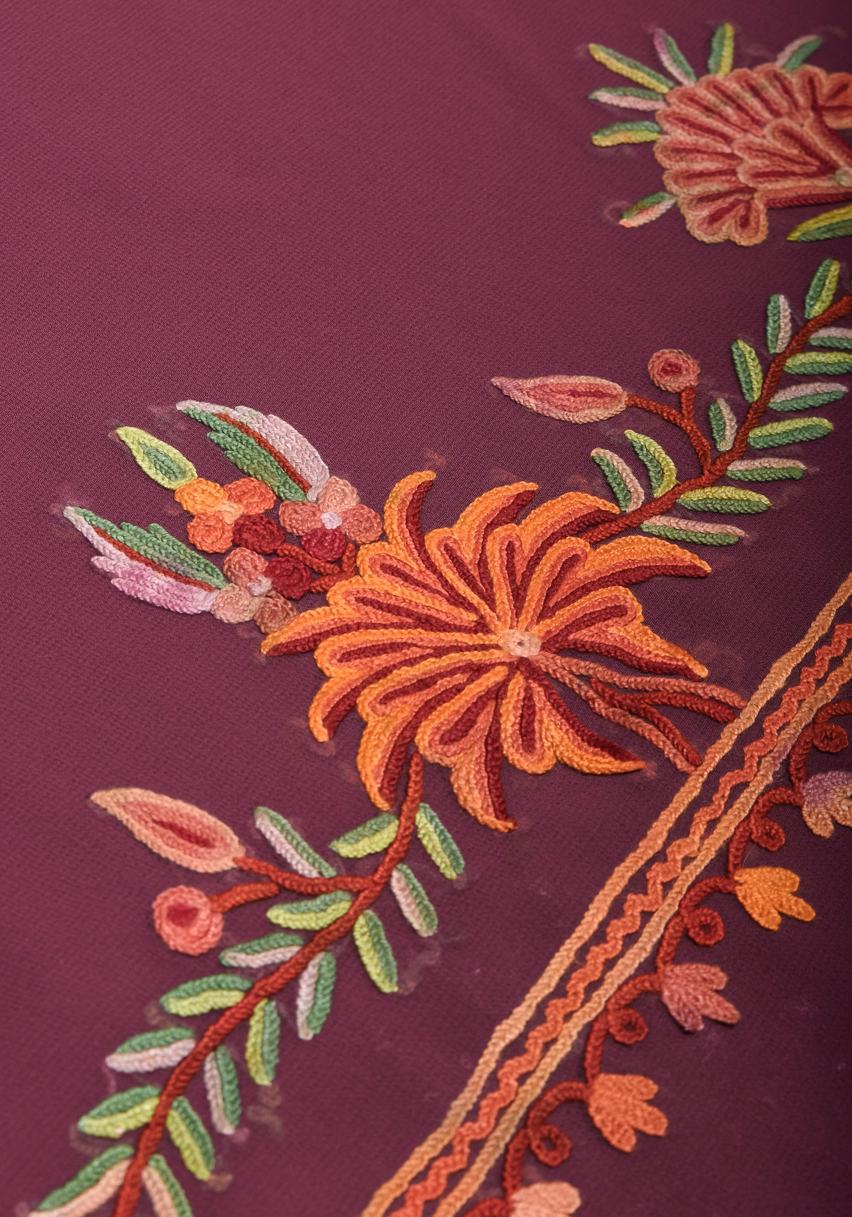 Plum Kashmiri Aari Style Embroidery Georgette Saree with floral design border | Shobitam