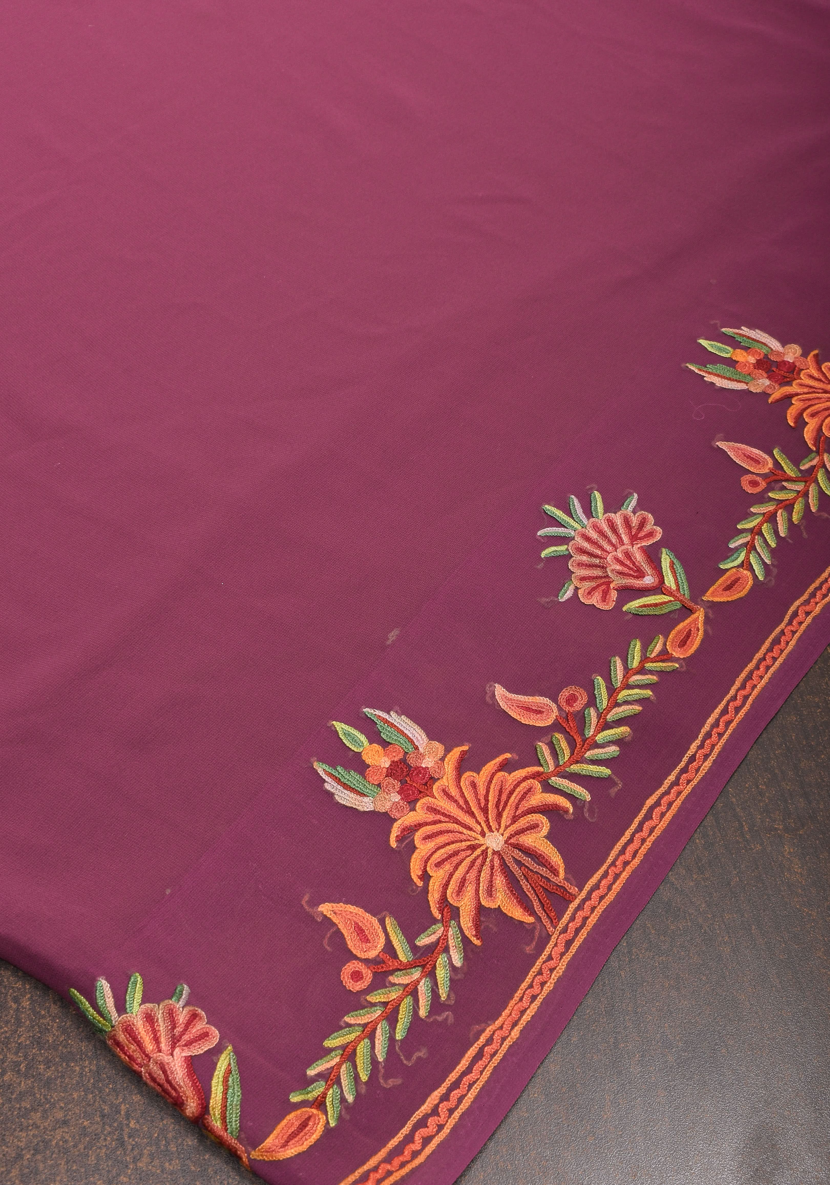 Plum Kashmiri Aari Style Embroidery Georgette Saree with floral design border | Shobitam