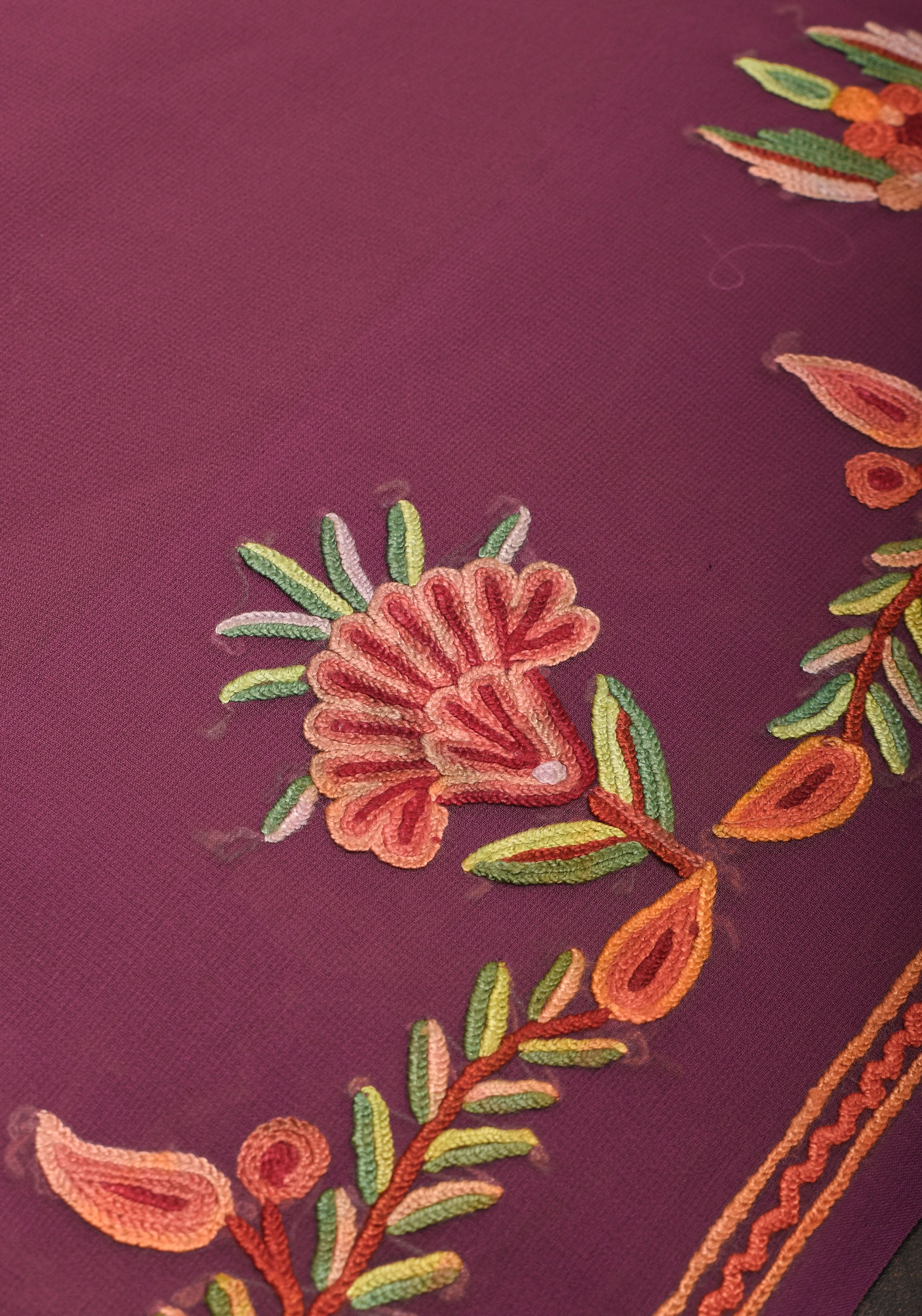 Plum Kashmiri Aari Style Embroidery Georgette Saree with floral design border | Shobitam