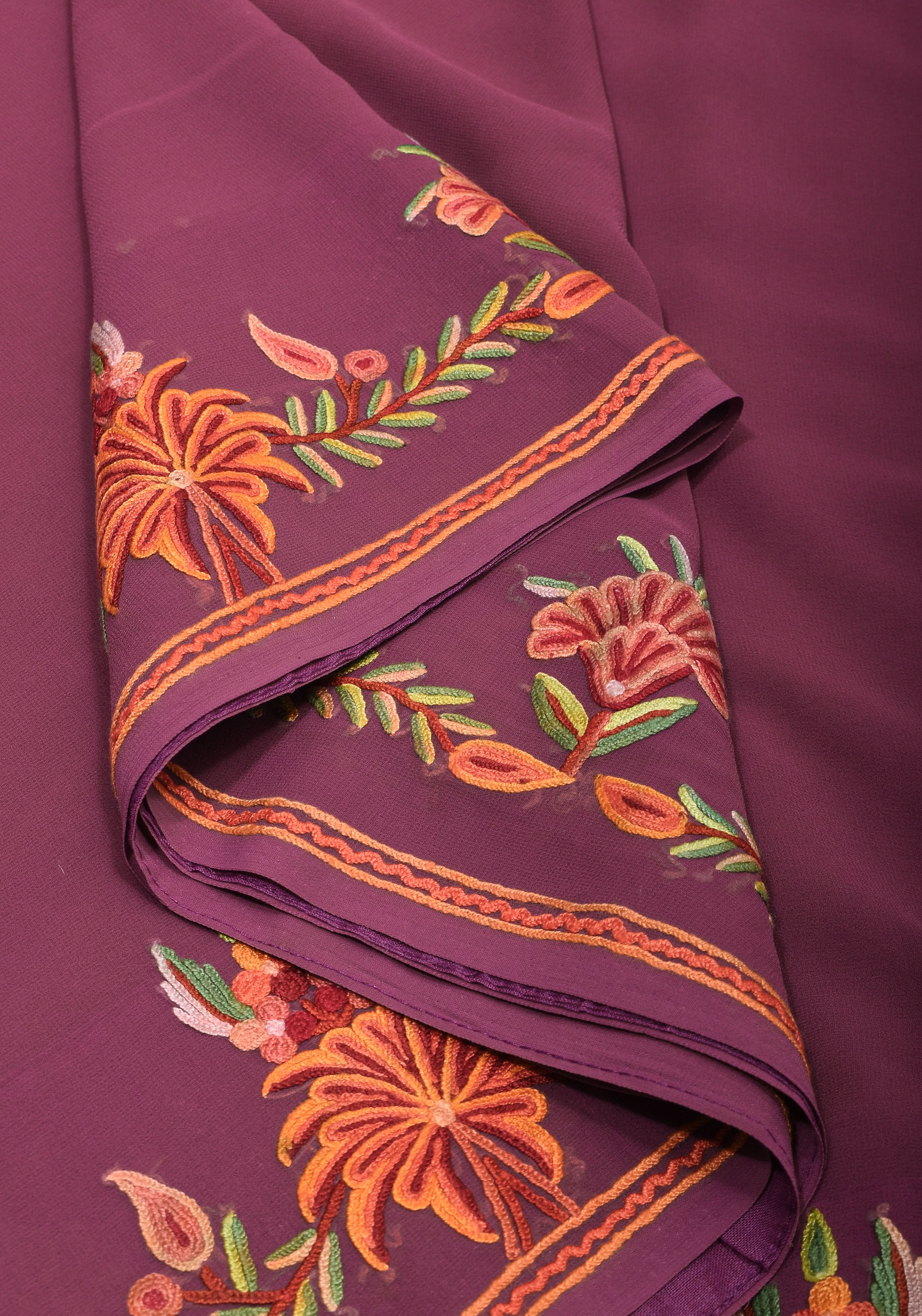 Plum Kashmiri Aari Style Embroidery Georgette Saree with floral design border | Shobitam