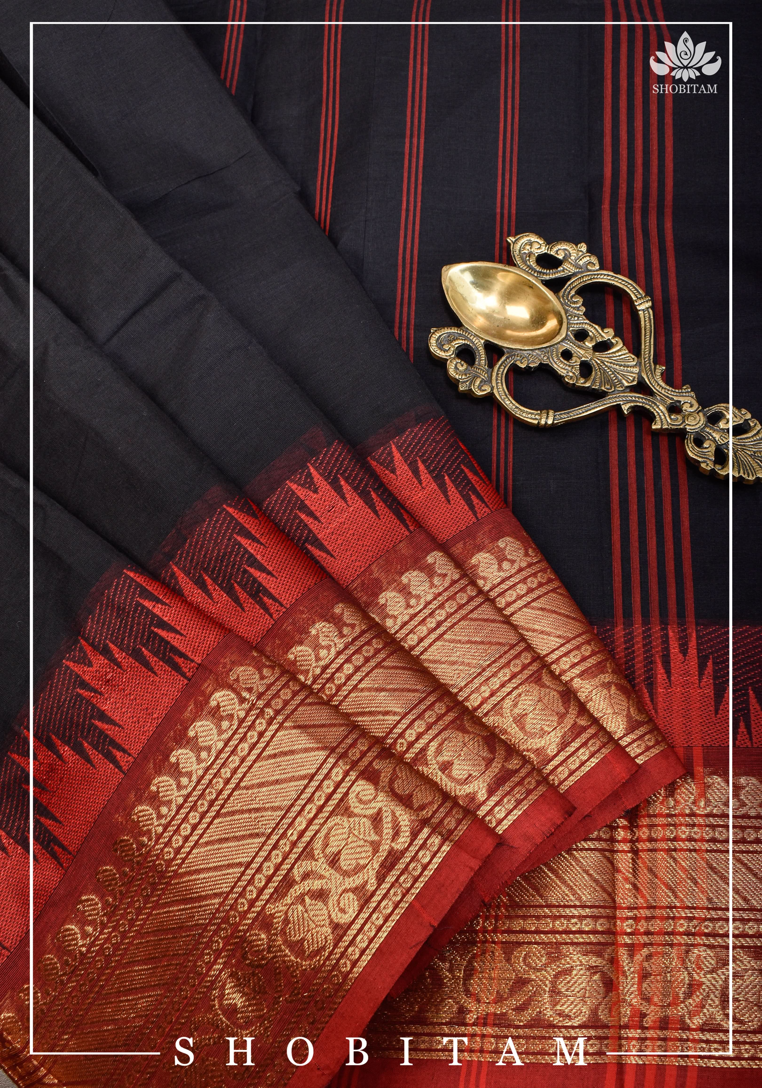 Black Chettinadu Cotton Saree with Temple Zari Borders | Shobitam