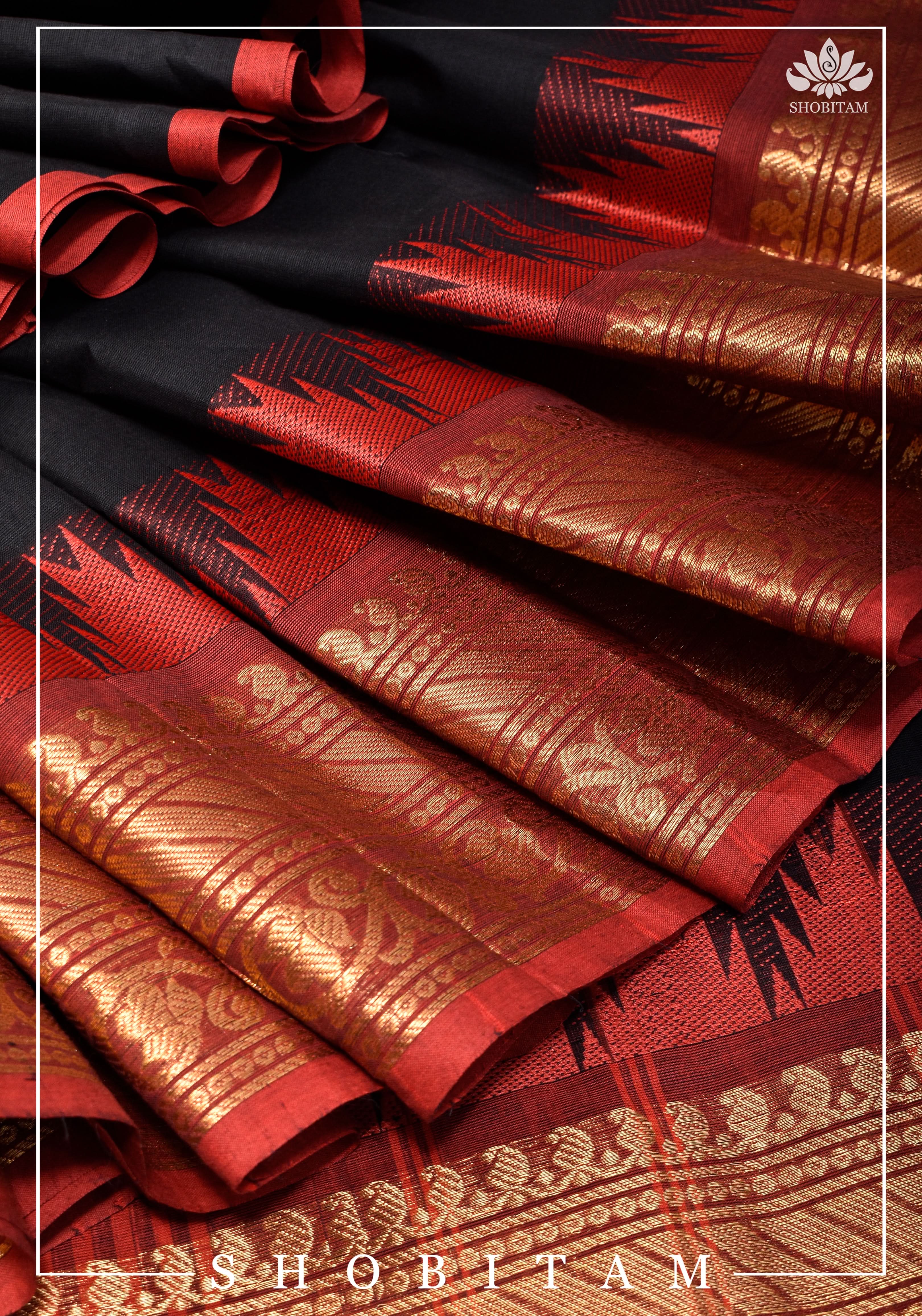 Black Chettinadu Cotton Saree with Temple Zari Borders | Shobitam