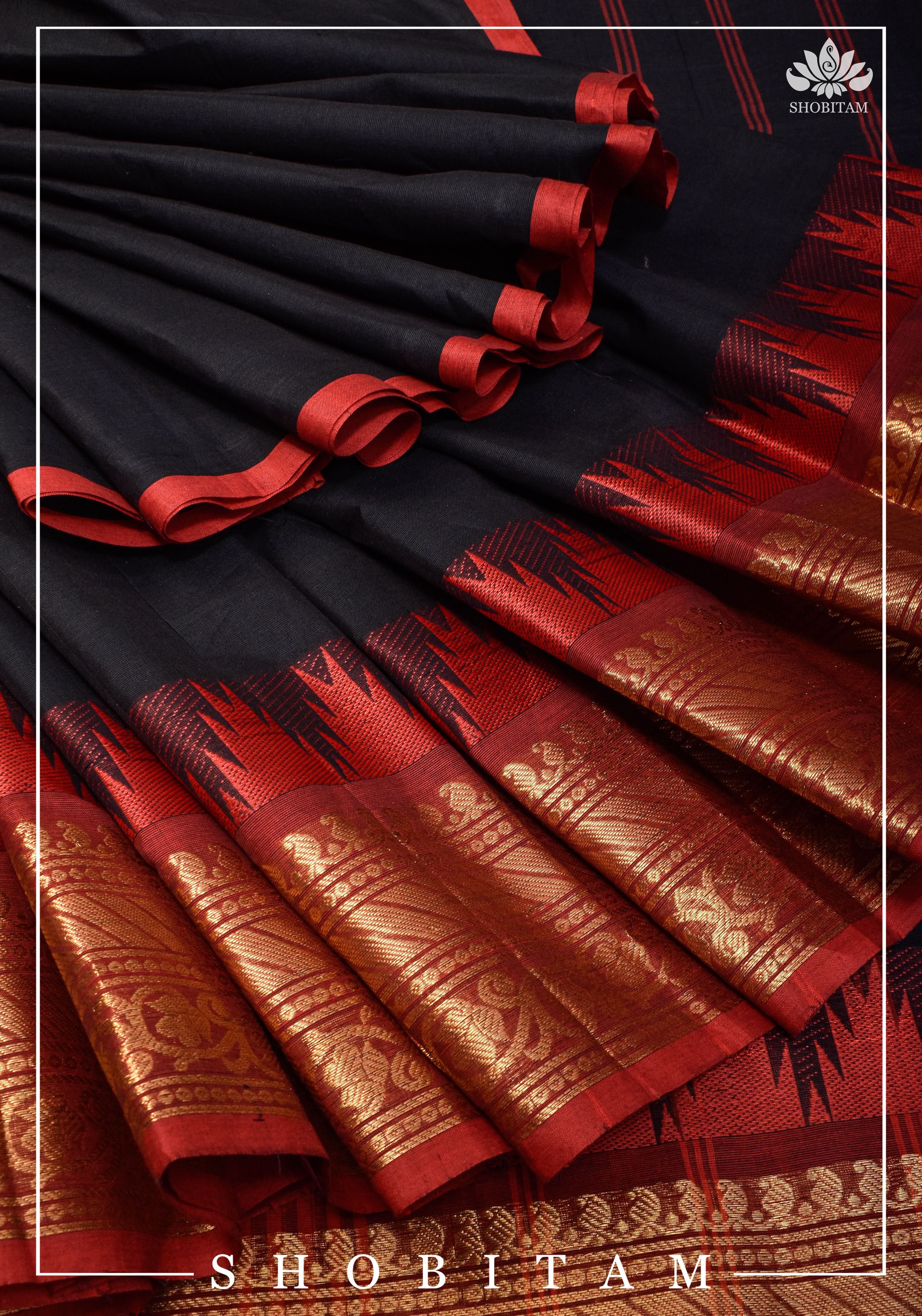 Black Chettinadu Cotton Saree with Temple Zari Borders | Shobitam
