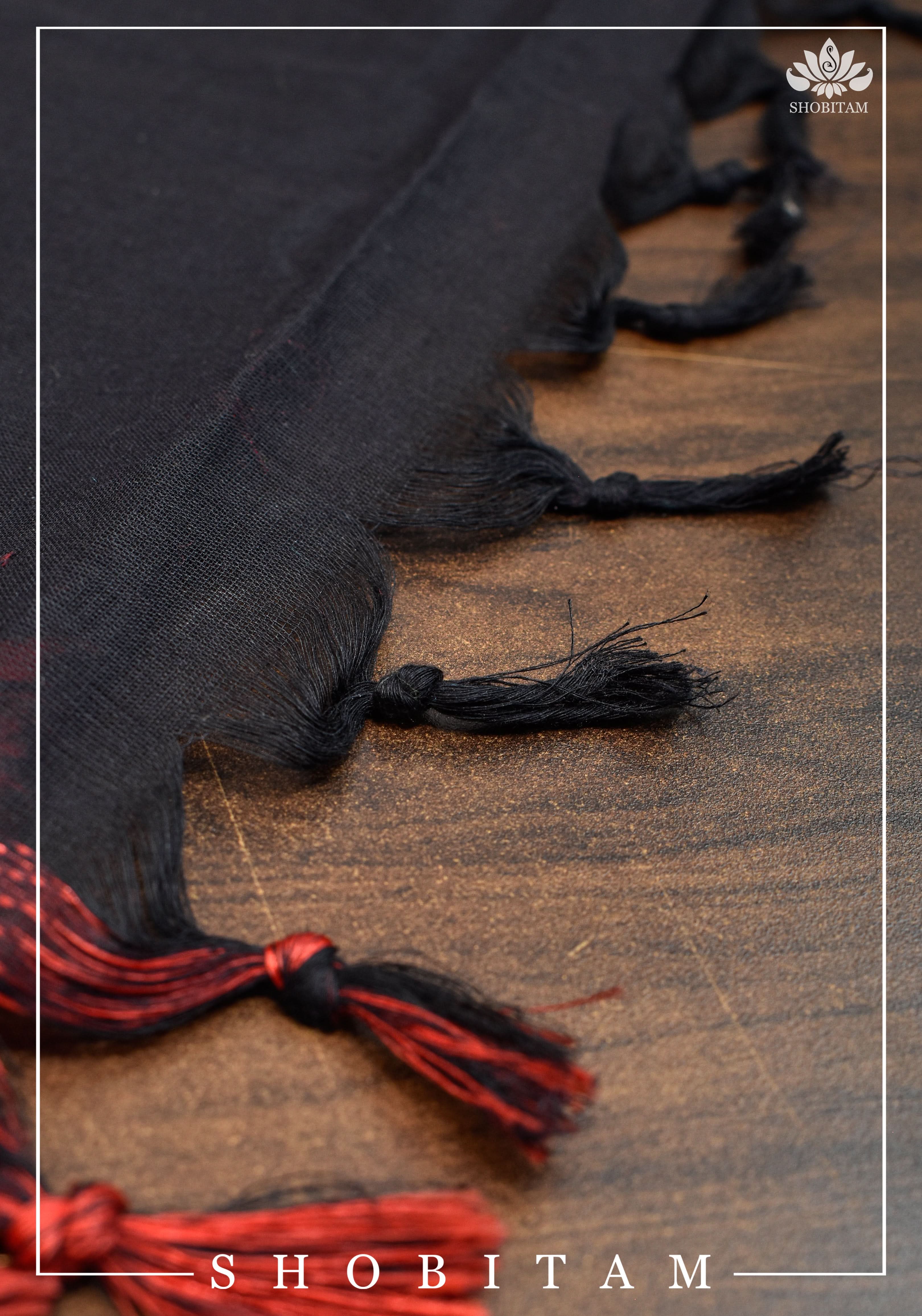 Black Chettinadu Cotton Saree with Temple Zari Borders | Shobitam