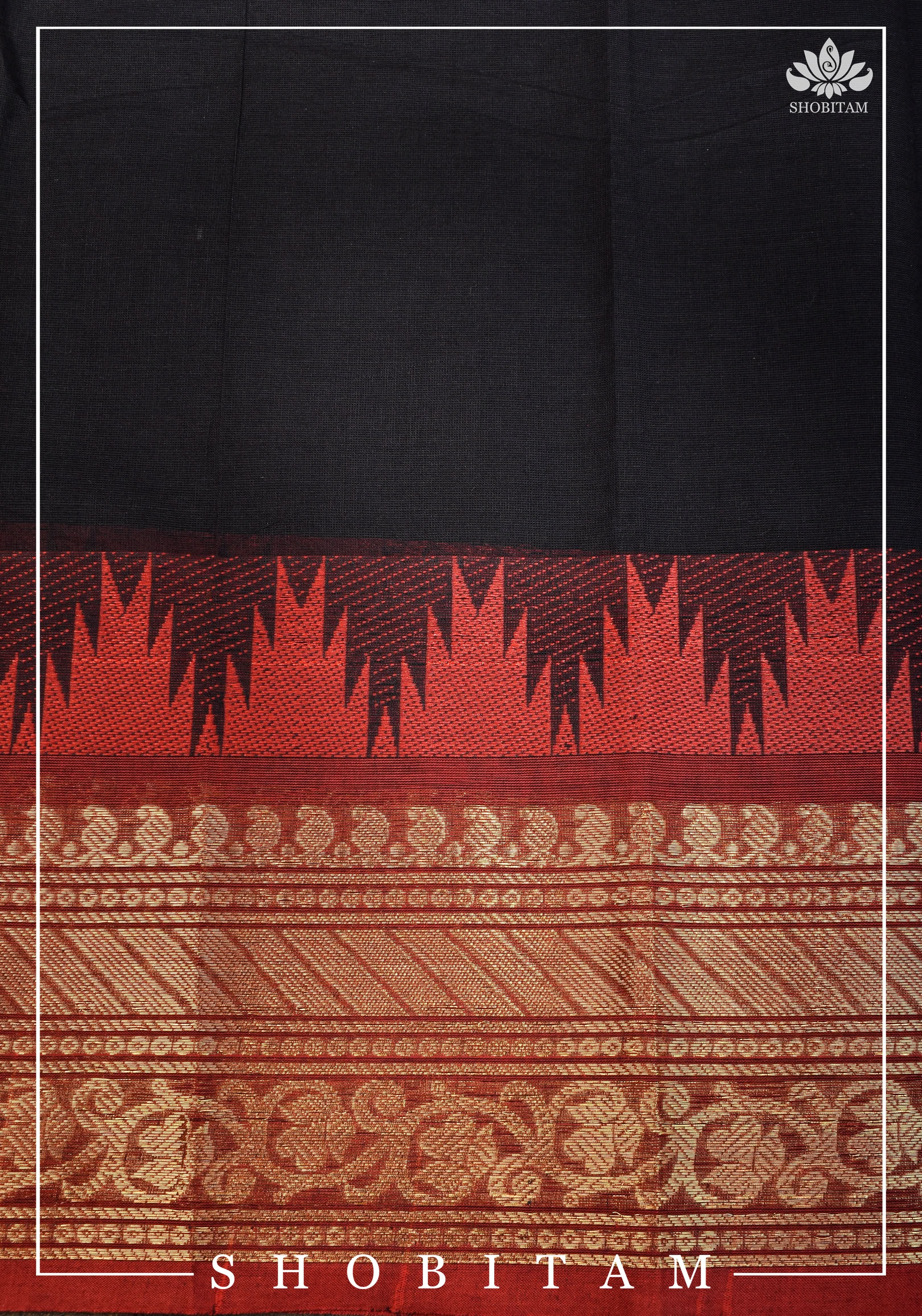 Black Chettinadu Cotton Saree with Temple Zari Borders | Shobitam