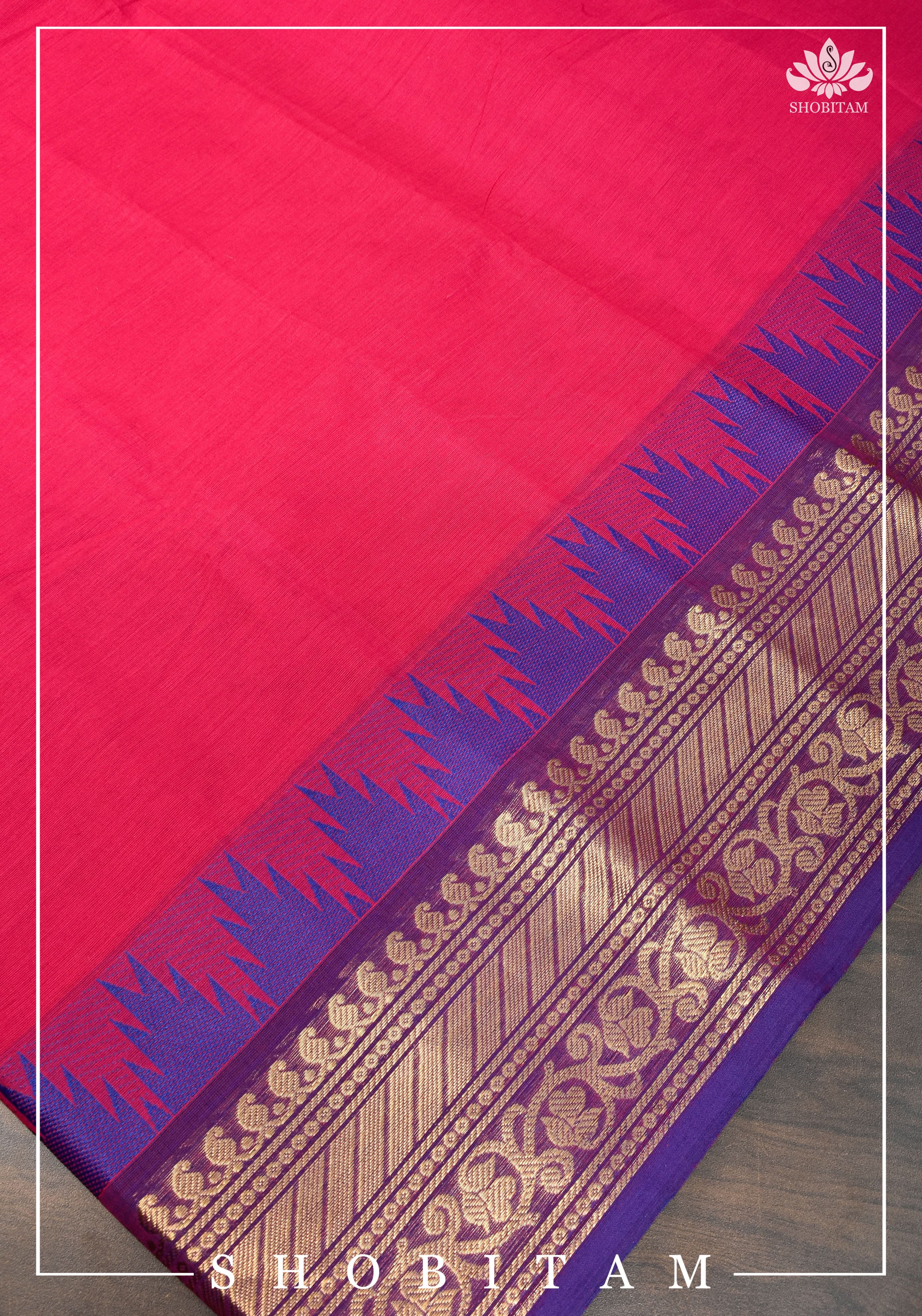 Chettinadu Cotton Saree in Pink with Wide Zari Border, no Blouse piece | Sarees by Shobitam