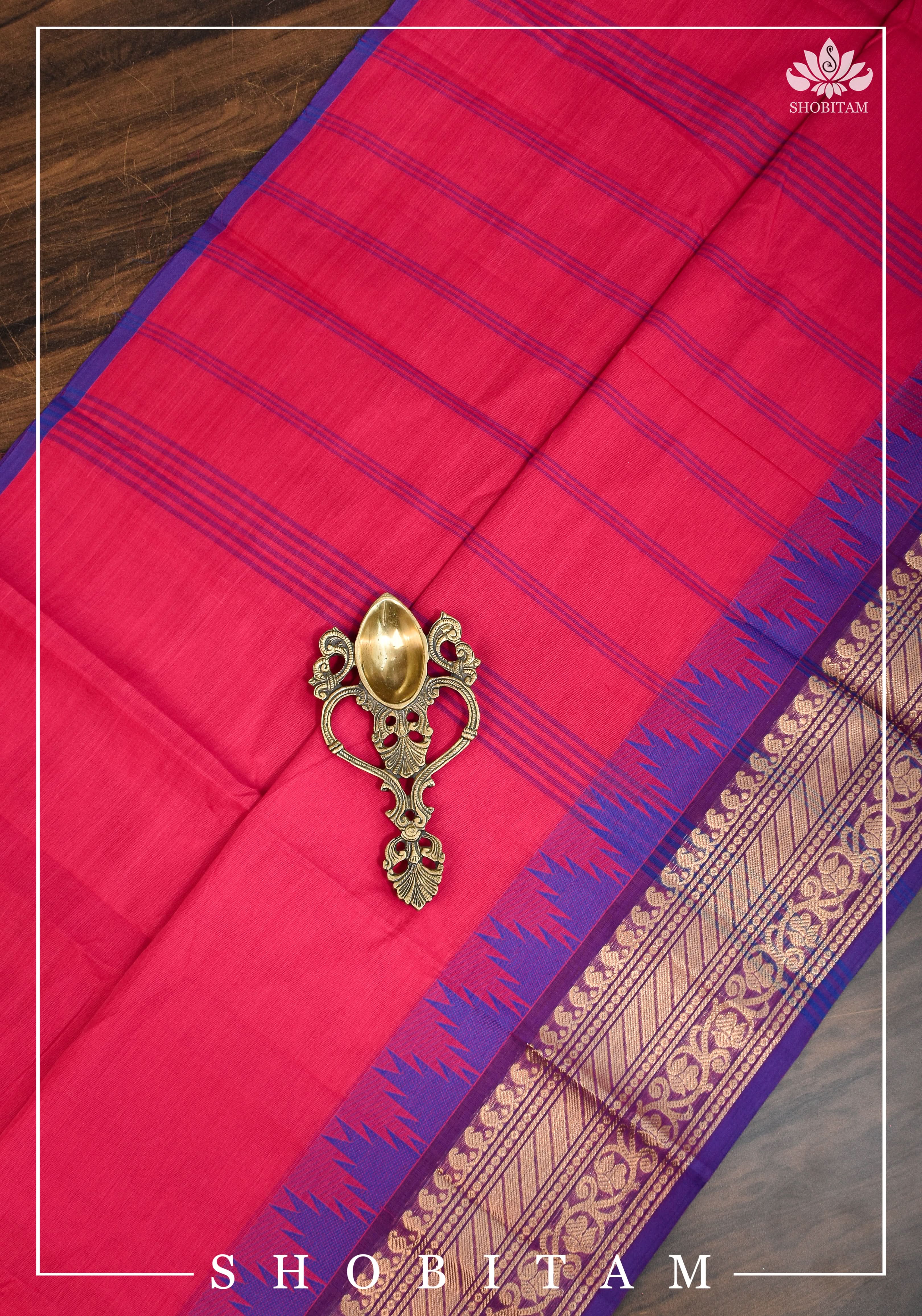 Chettinadu Cotton Saree in Pink with Wide Zari Border, no Blouse piece | Sarees by Shobitam
