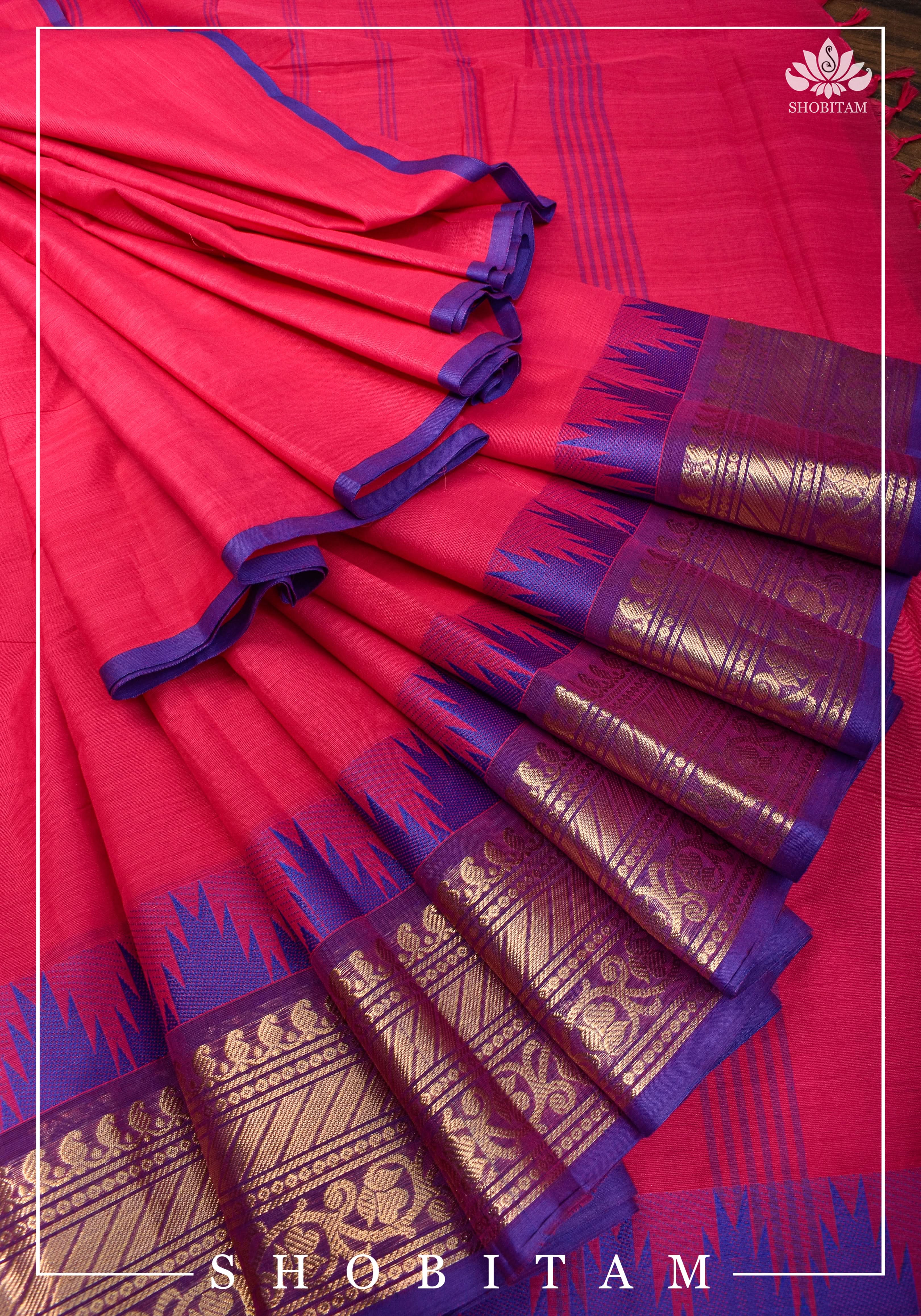 Chettinadu Cotton Saree in Pink with Wide Zari Border, no Blouse piece | Sarees by Shobitam