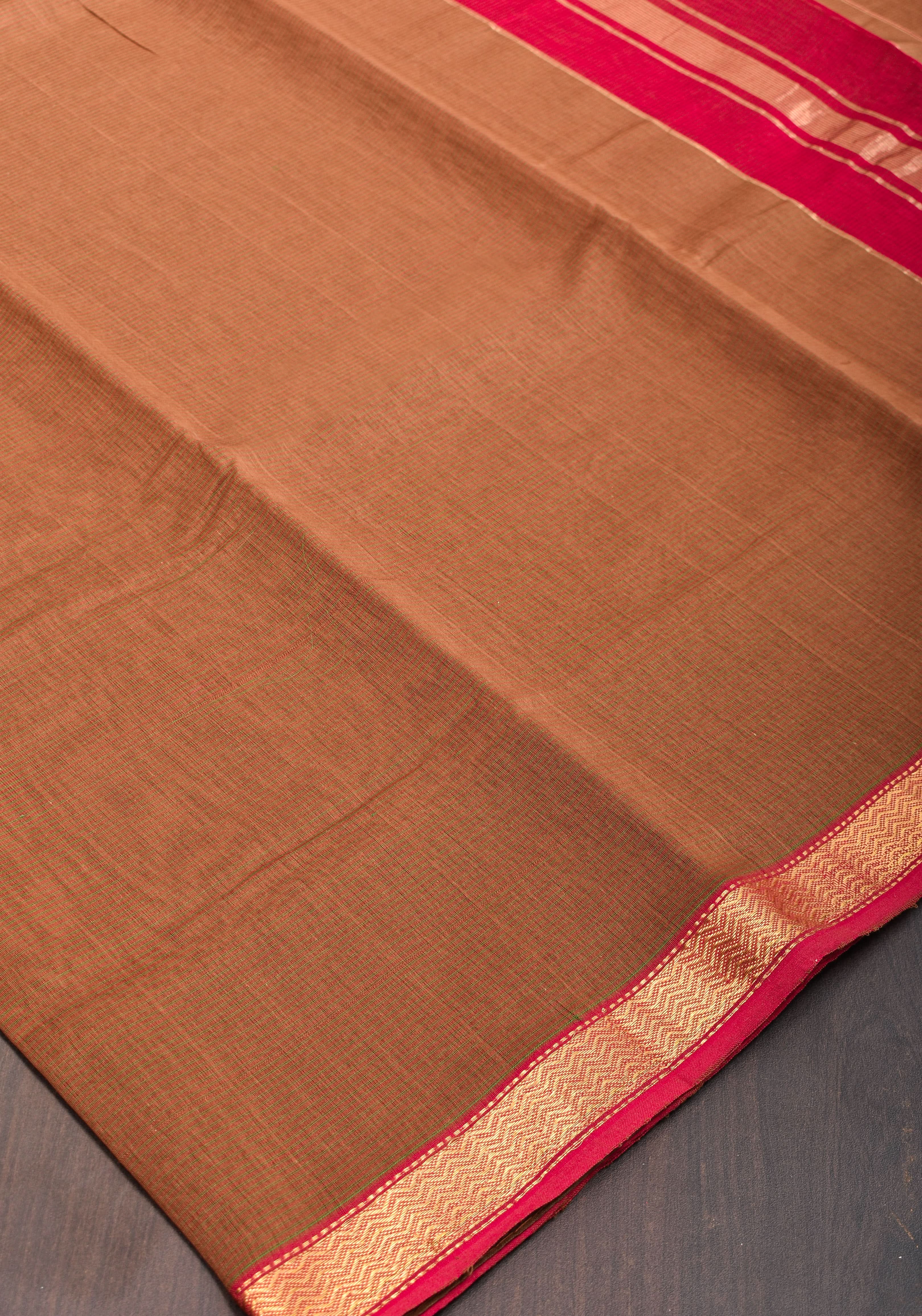 Handwoven Maheshwari Silk Cotton Saree in brown With Stripes & Minimal zari borders | Shobitam