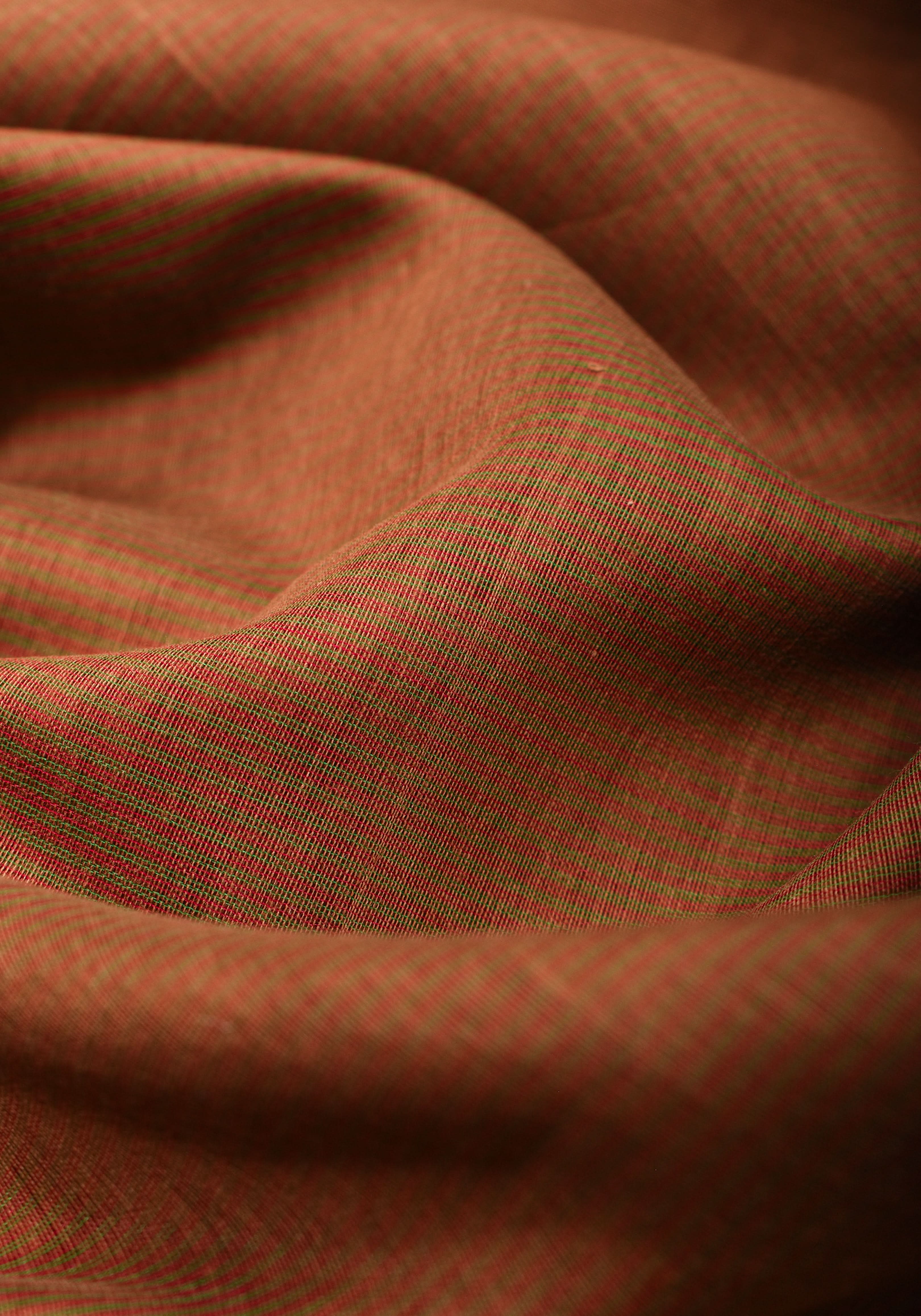 Handwoven Maheshwari Silk Cotton Saree in brown With Stripes & Minimal zari borders | Shobitam