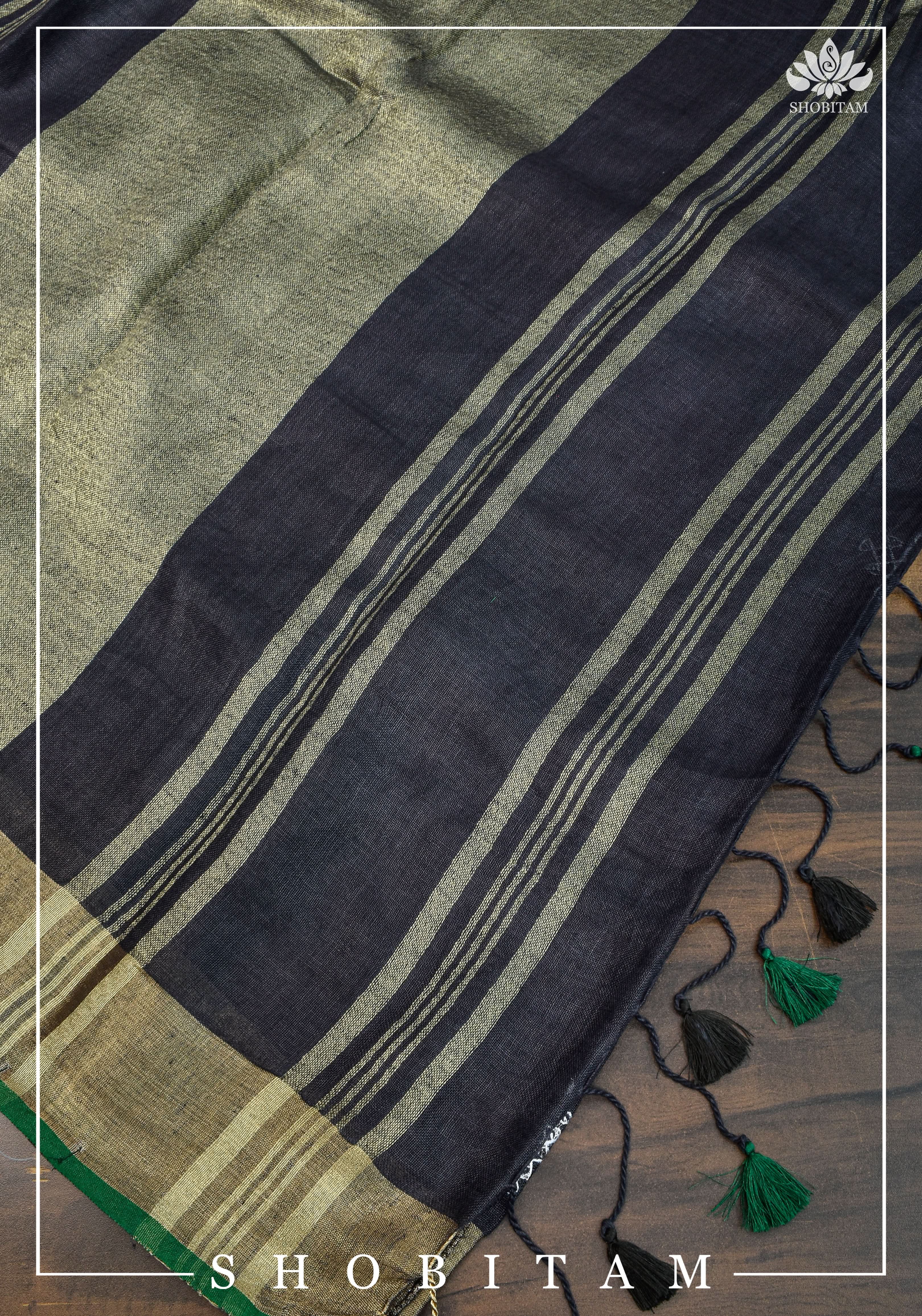 Kolam Linen By Linen embroidery Saree in Black with green selvedges | Sarees By shobitam
