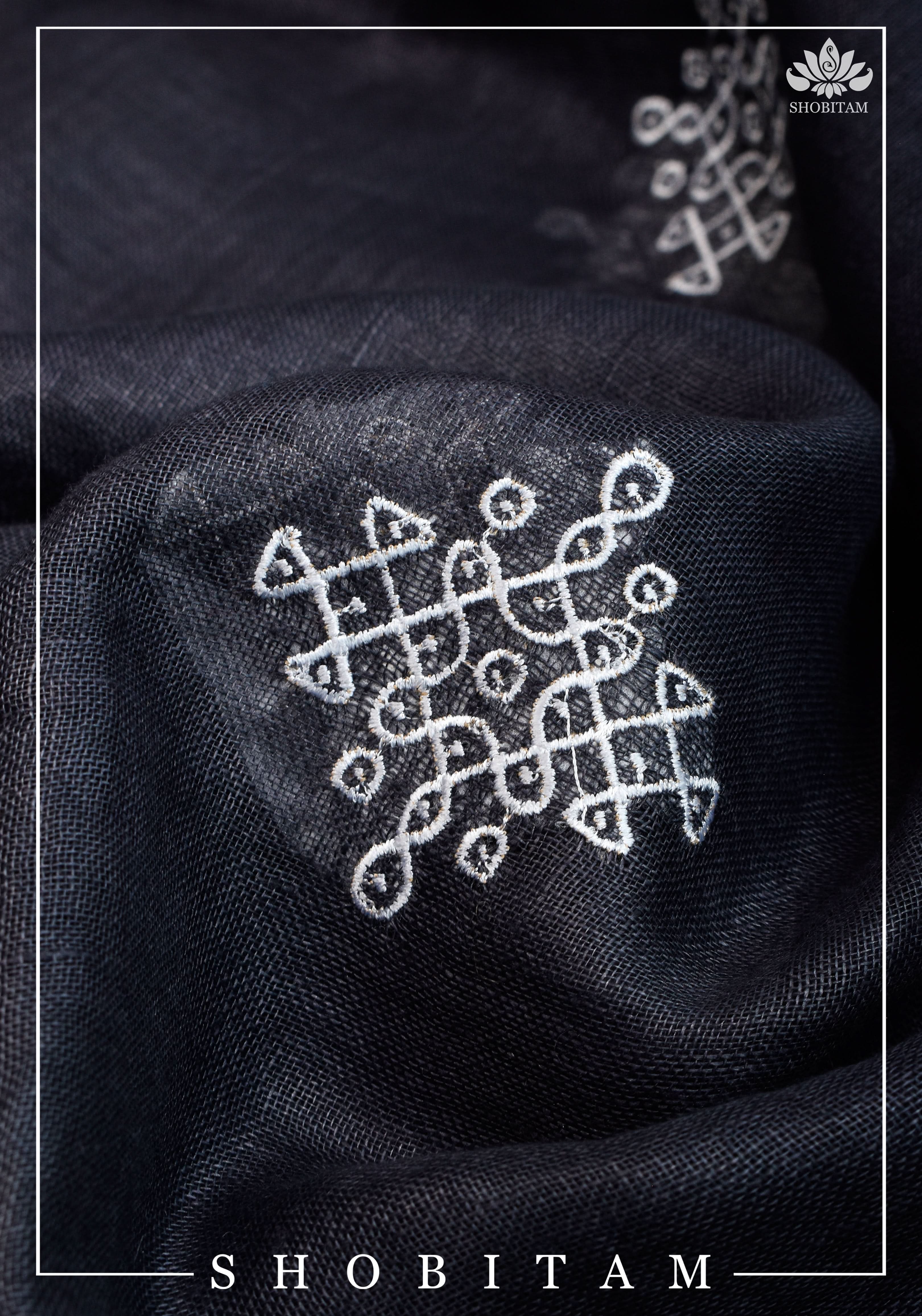 Kolam Linen By Linen embroidery Saree in Black with green selvedges | Sarees By shobitam