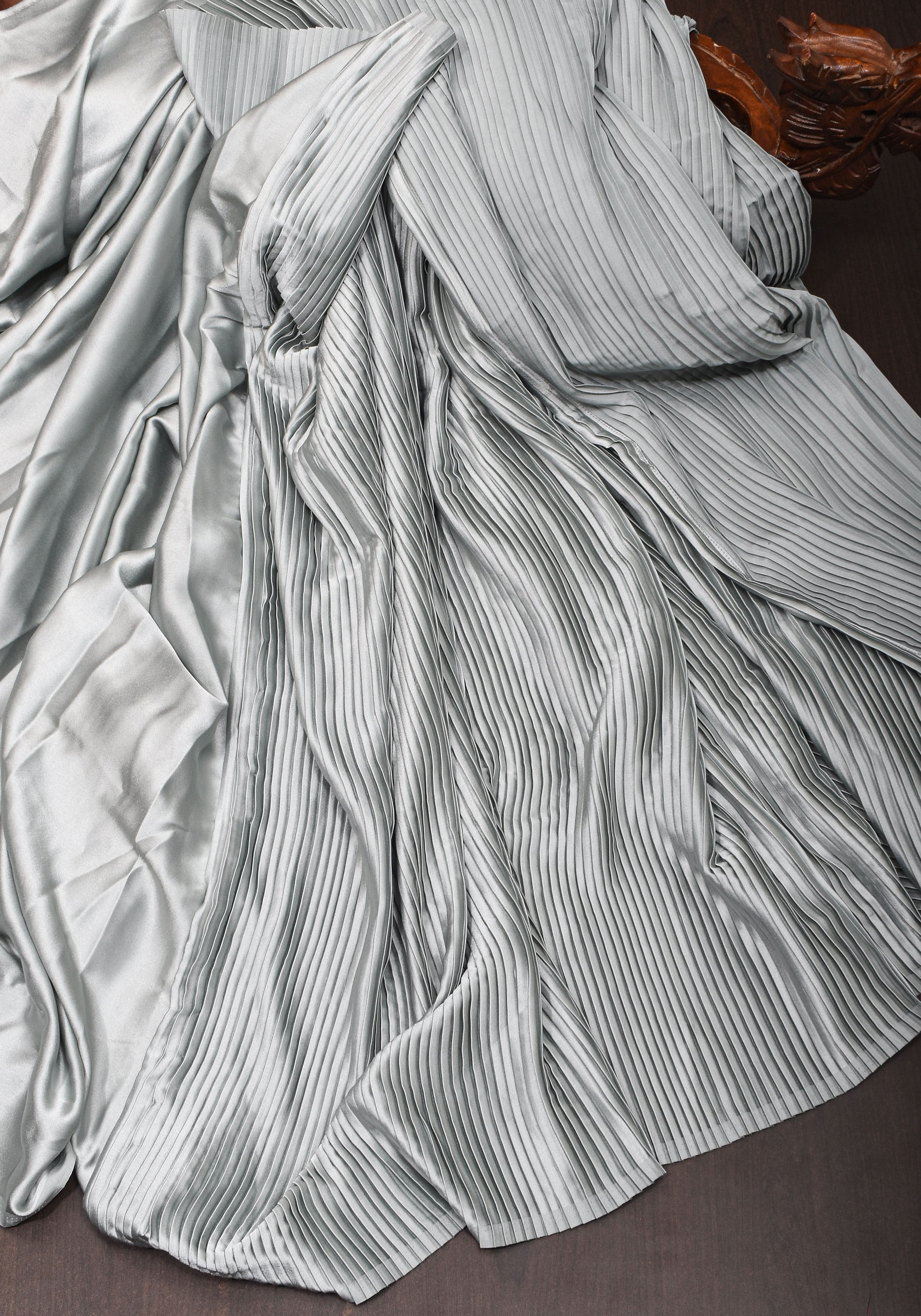 Pleated Satin Half and Half Saree in Silver Gray ,No Blouse Piece | Shobitam