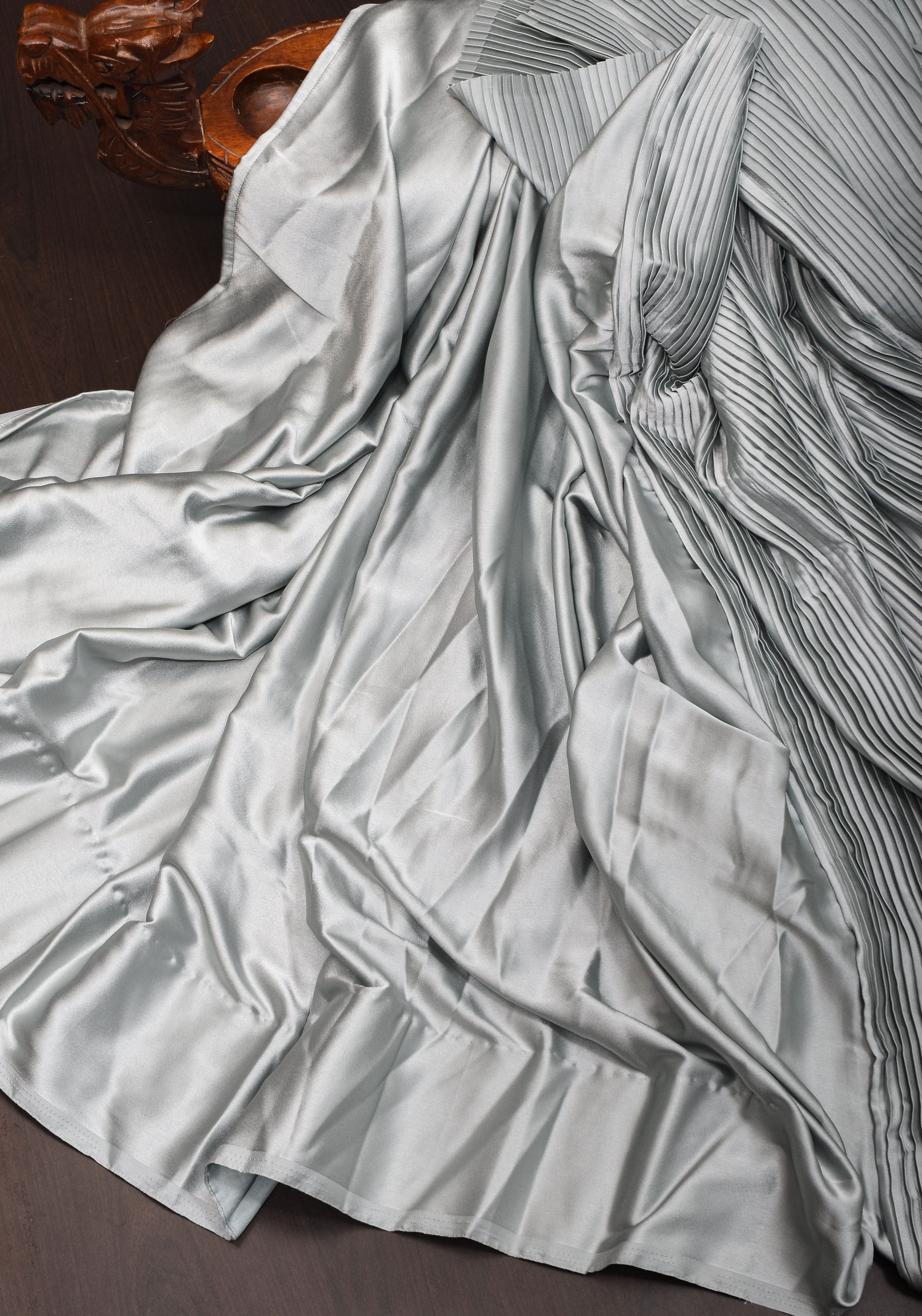 Pleated Satin Half and Half Saree in Silver Gray ,No Blouse Piece | Shobitam