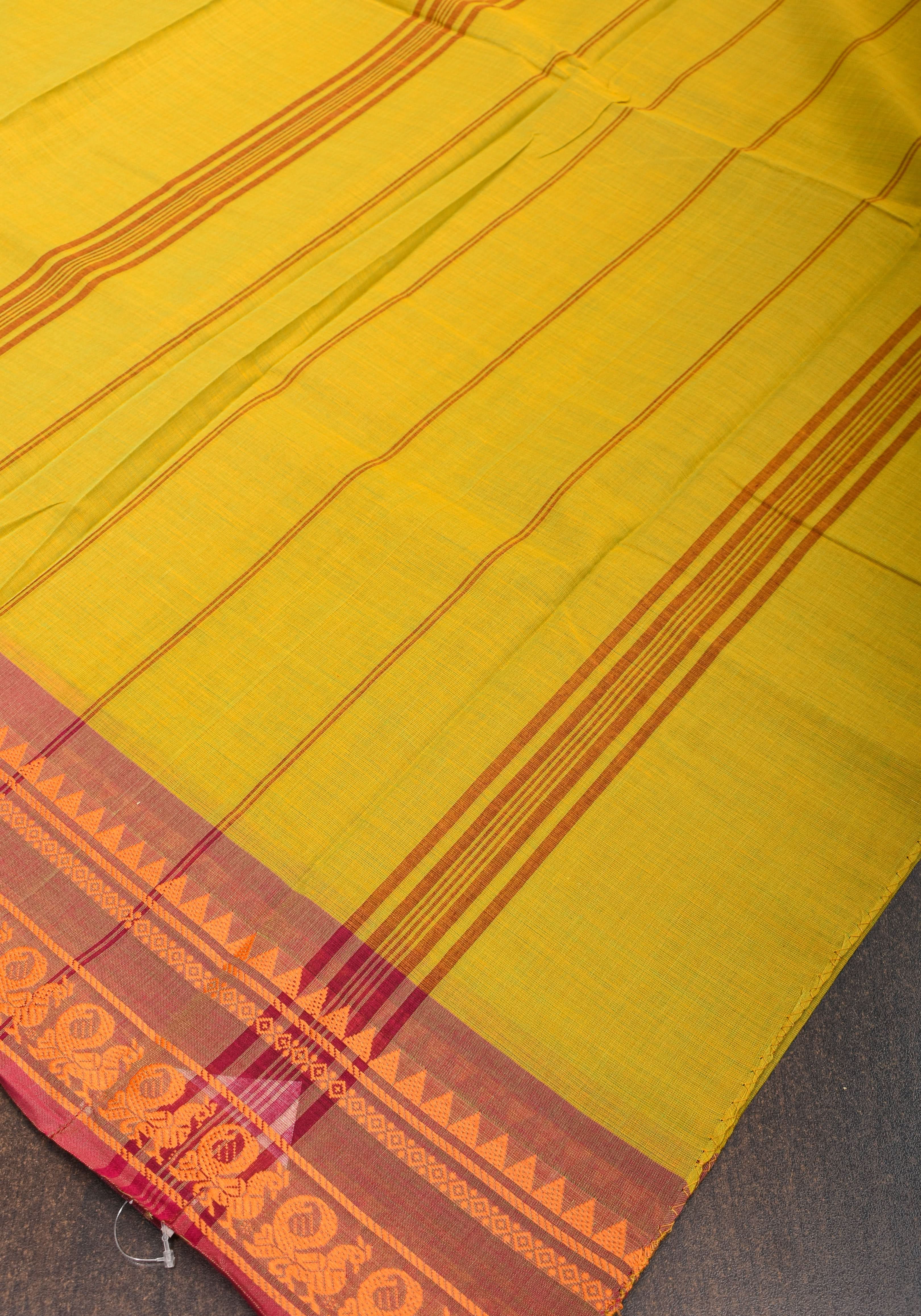 Cotton Handloom Saree In Moss Green with brick red Border No Blouse Piece | Shobitam Saree