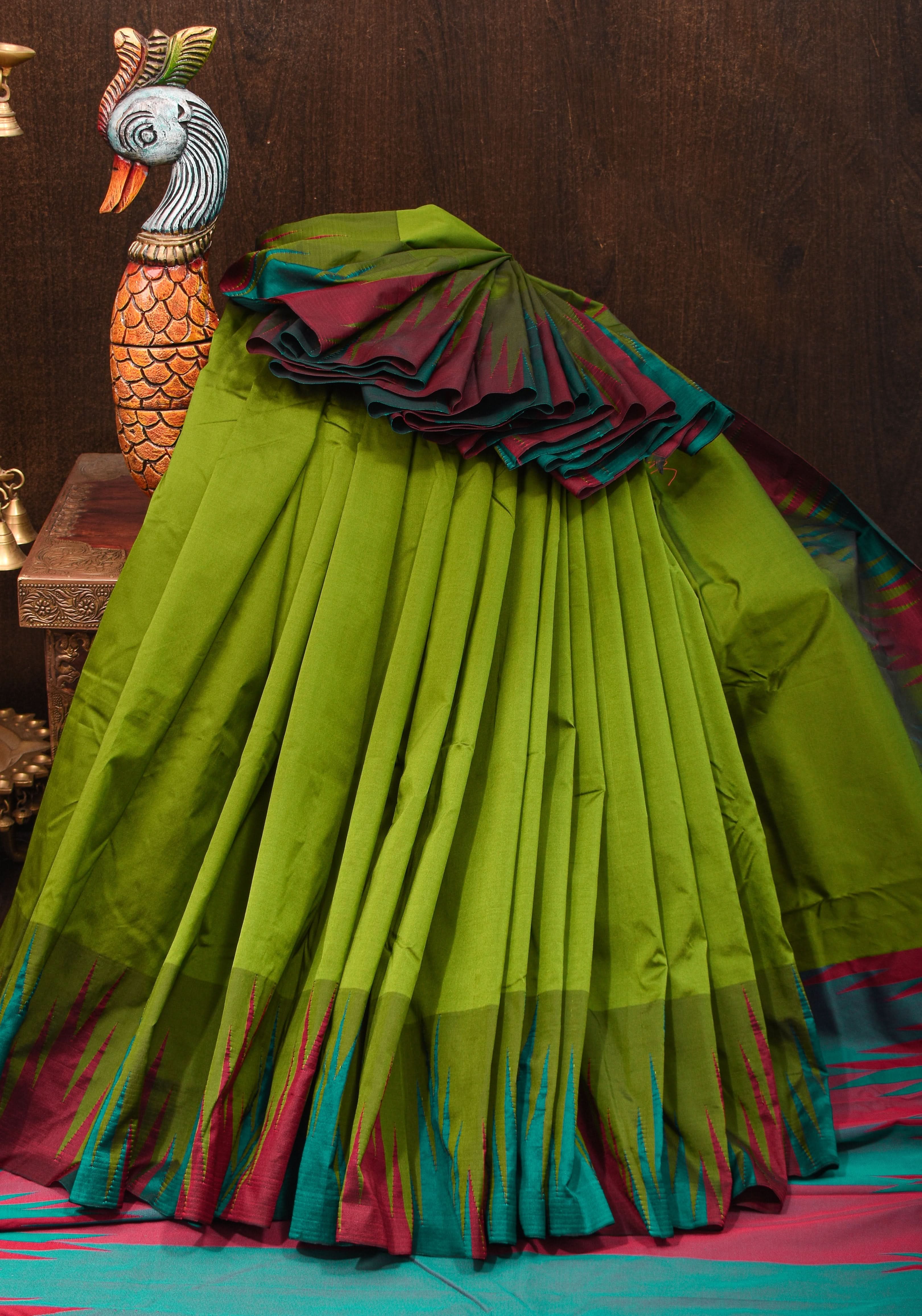 Sap Green Tone and Two Color Temple Border on Art Silk Saree With Double color Indian kotki design Pallu | Shobitam