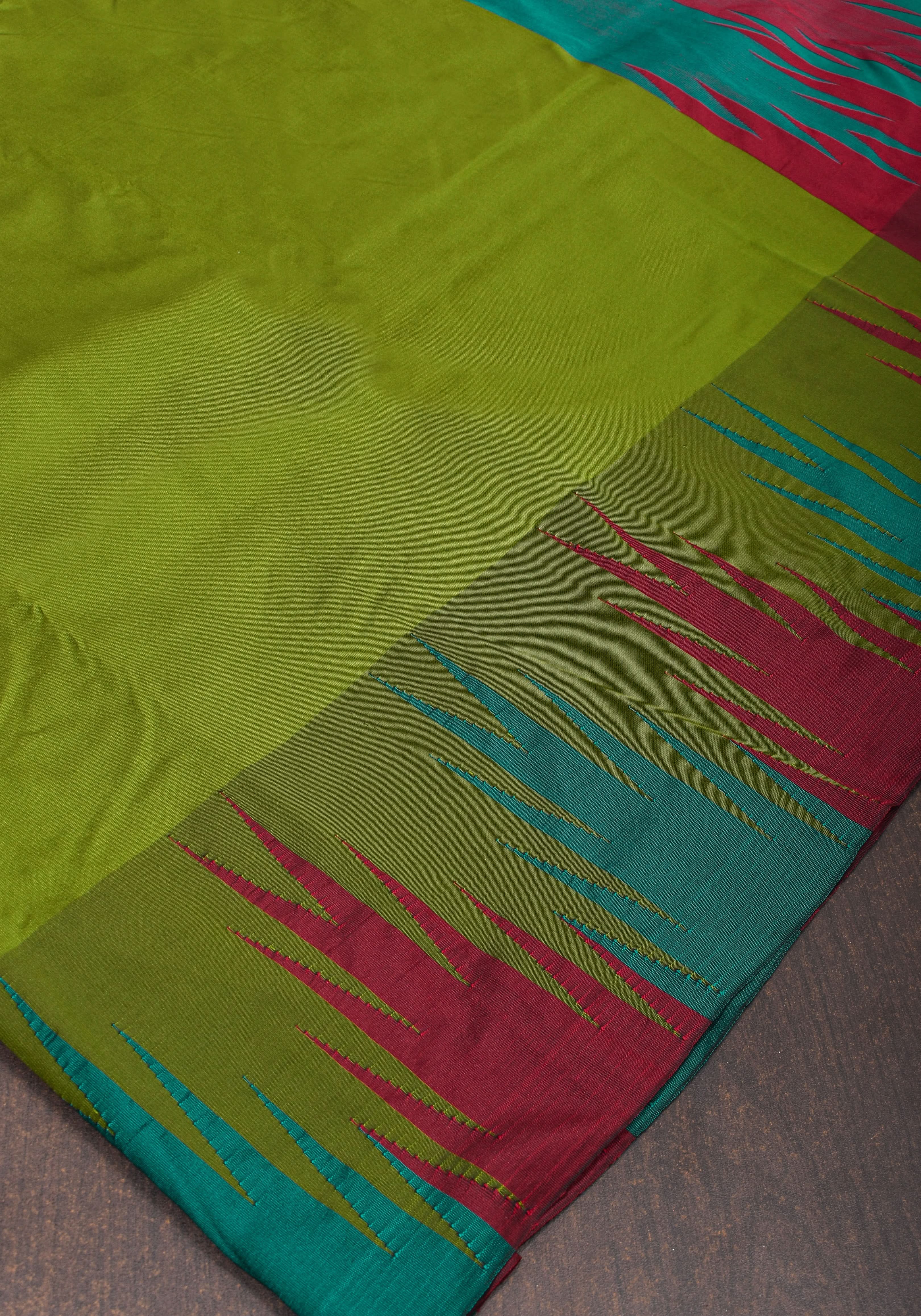 Sap Green Tone and Two Color Temple Border on Art Silk Saree With Double color Indian kotki design Pallu | Shobitam