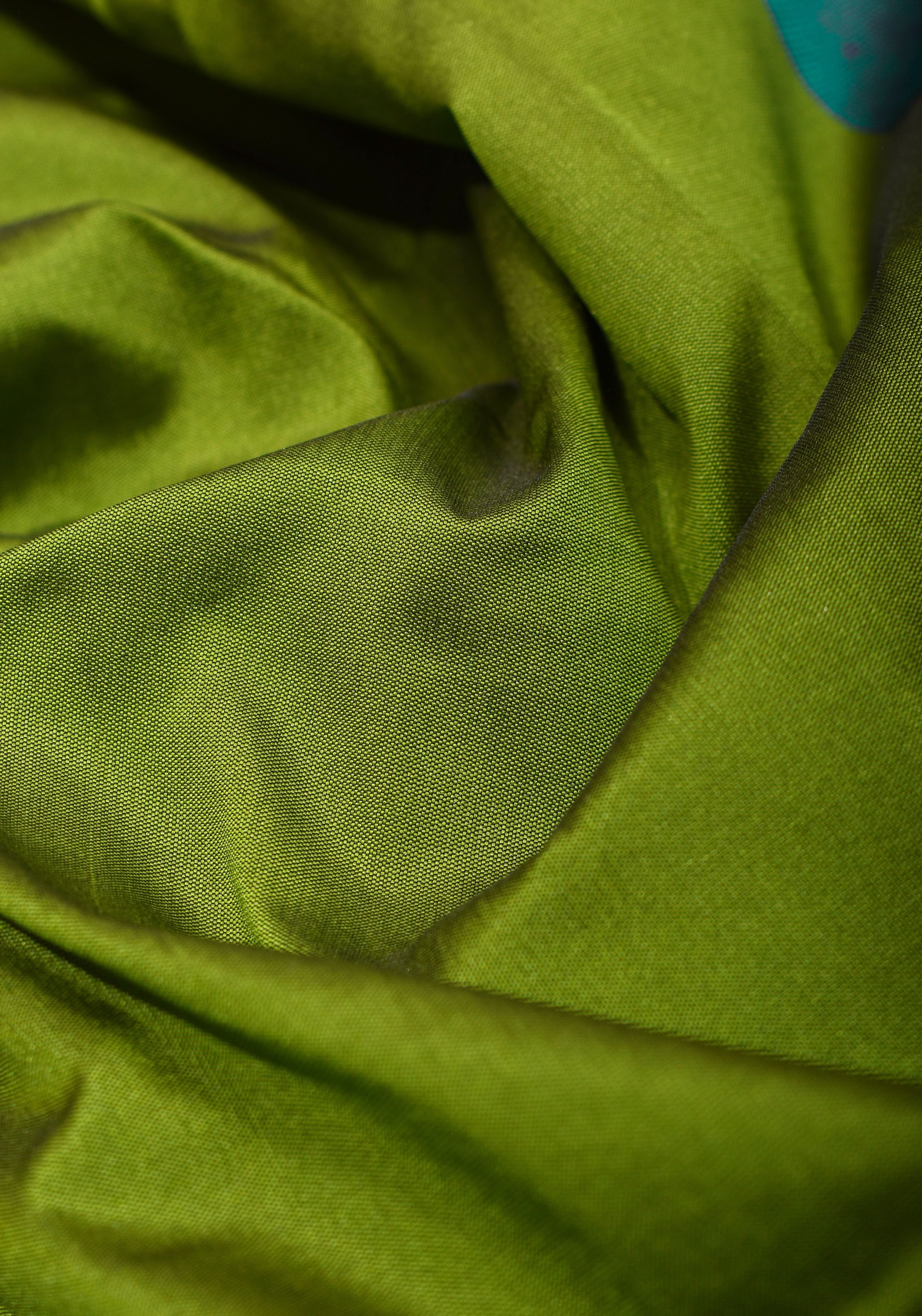 Sap Green Tone and Two Color Temple Border on Art Silk Saree With Double color Indian kotki design Pallu | Shobitam