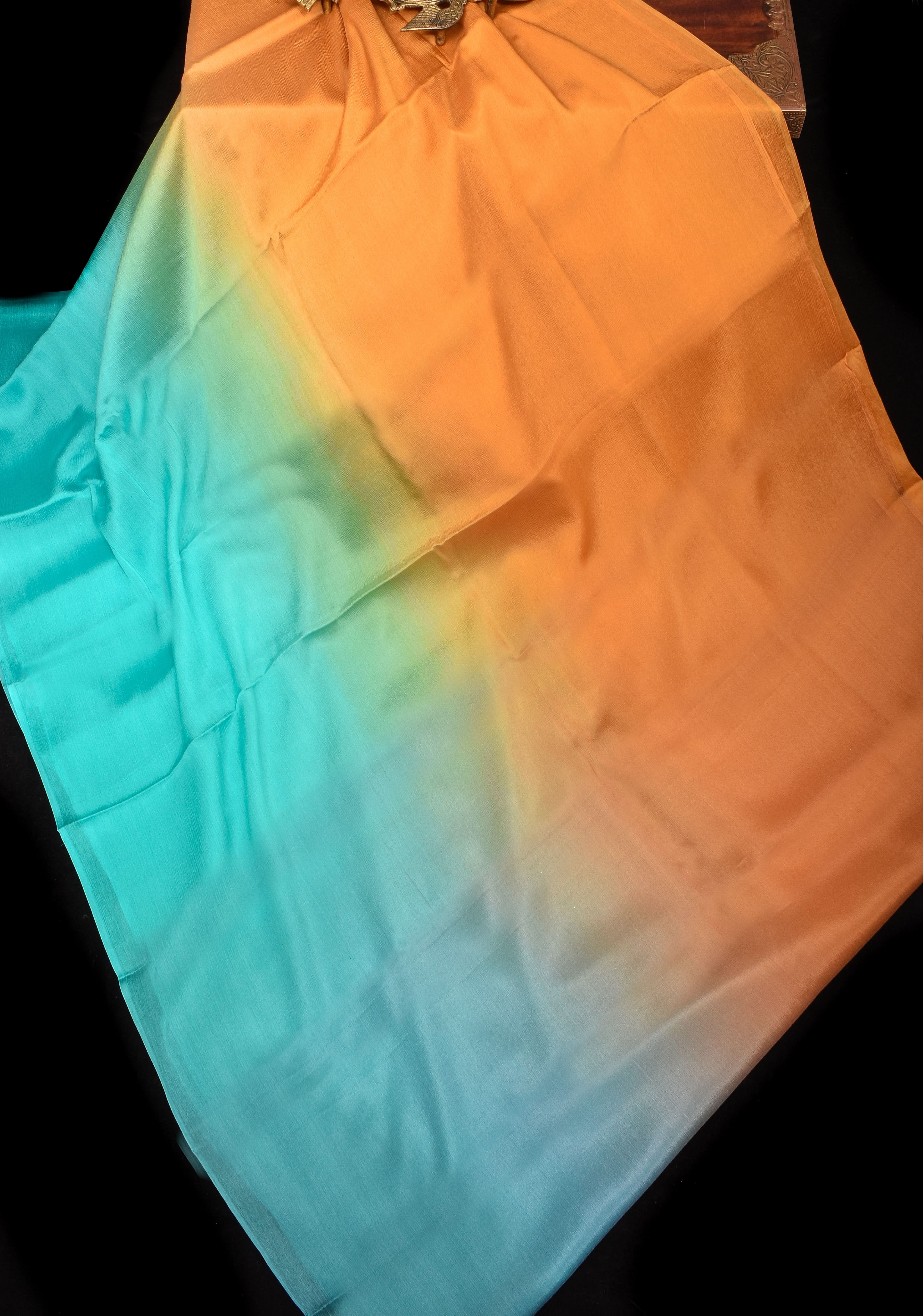 Ochre and Cyan Bollywood style ombré pure chiffon saree , No Blouse Piece | Shobitam