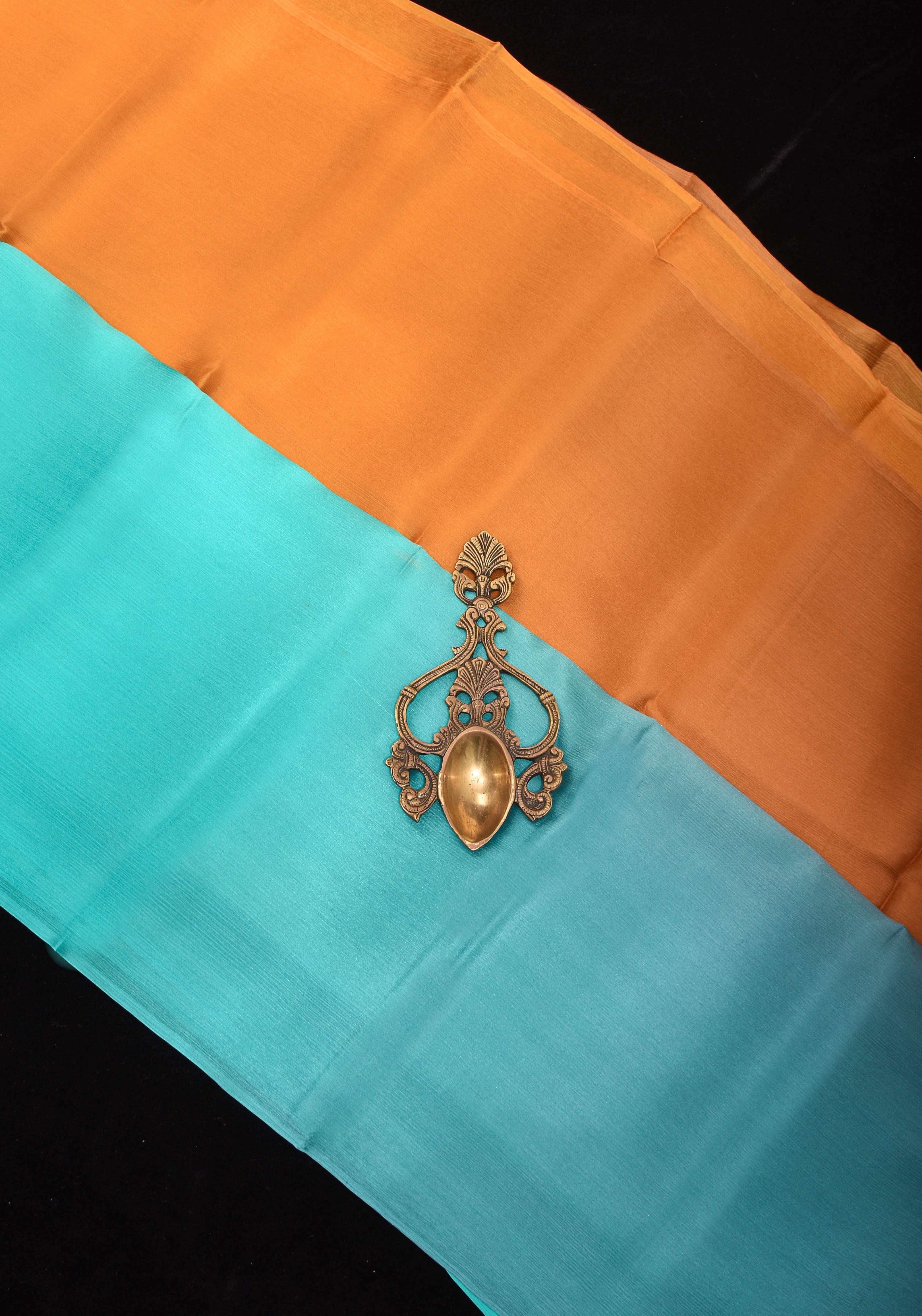 Ochre and Cyan Bollywood style ombré pure chiffon saree , No Blouse Piece | Shobitam