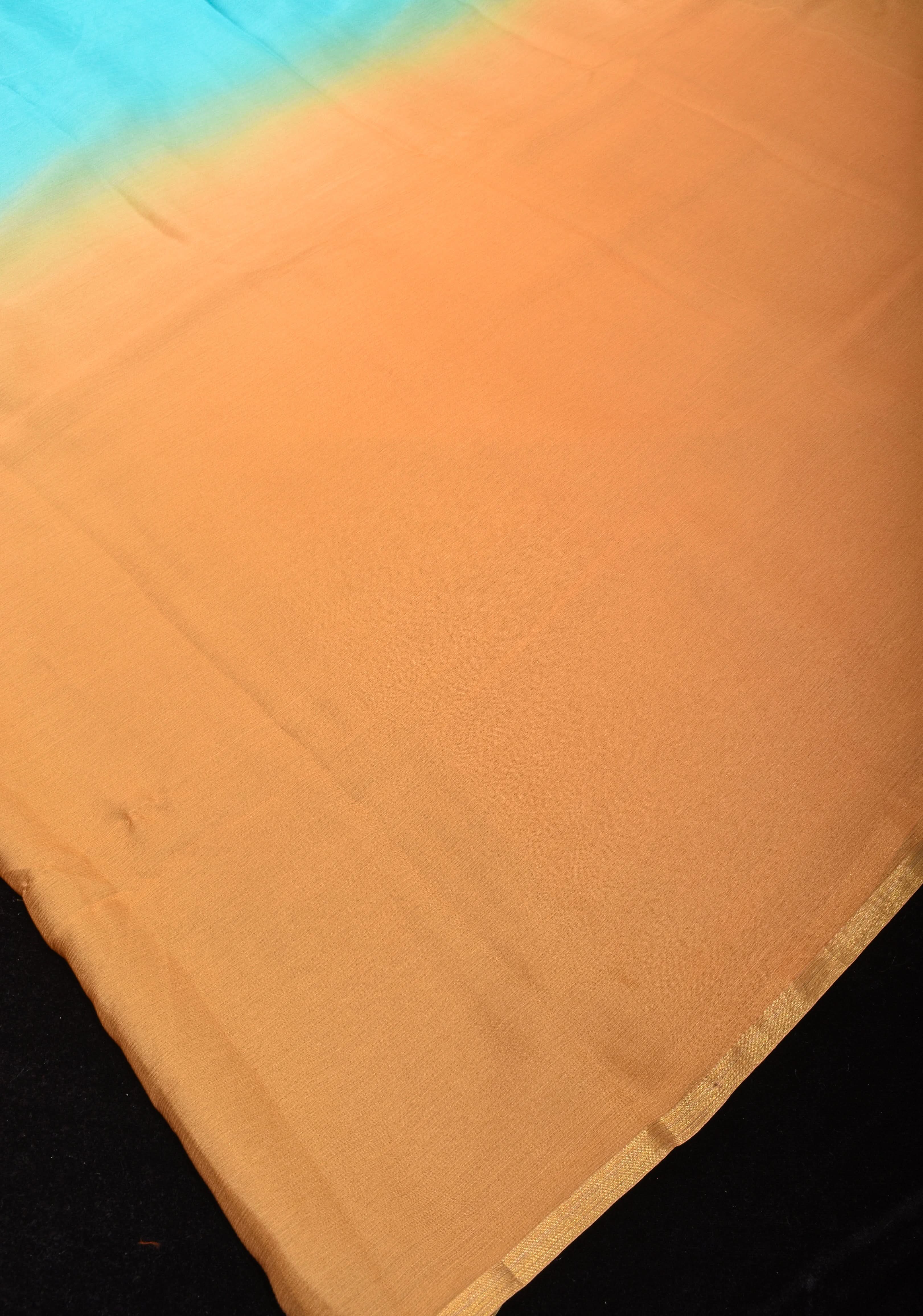 Bollywood style ombré pure chiffon Saree in Aqua and Peach, No Blouse Piece | Shobitam