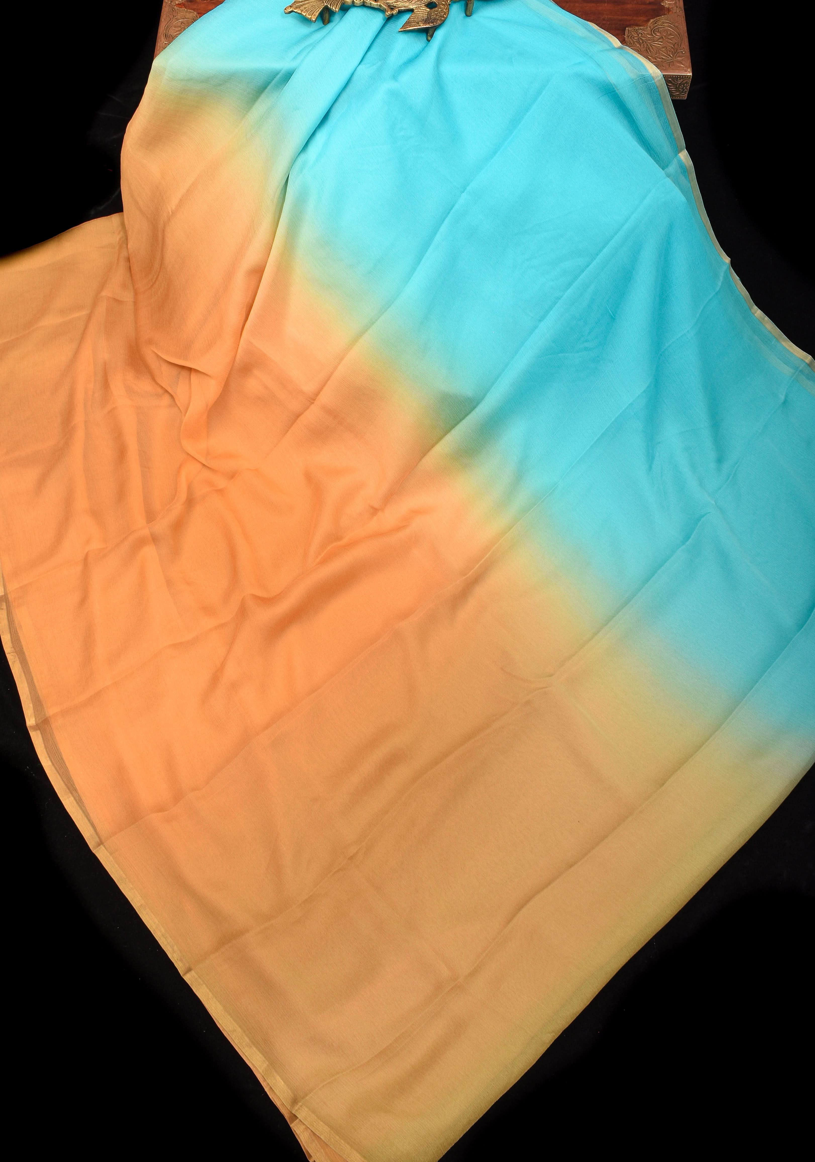 Bollywood style ombré pure chiffon Saree in Aqua and Peach, No Blouse Piece | Shobitam