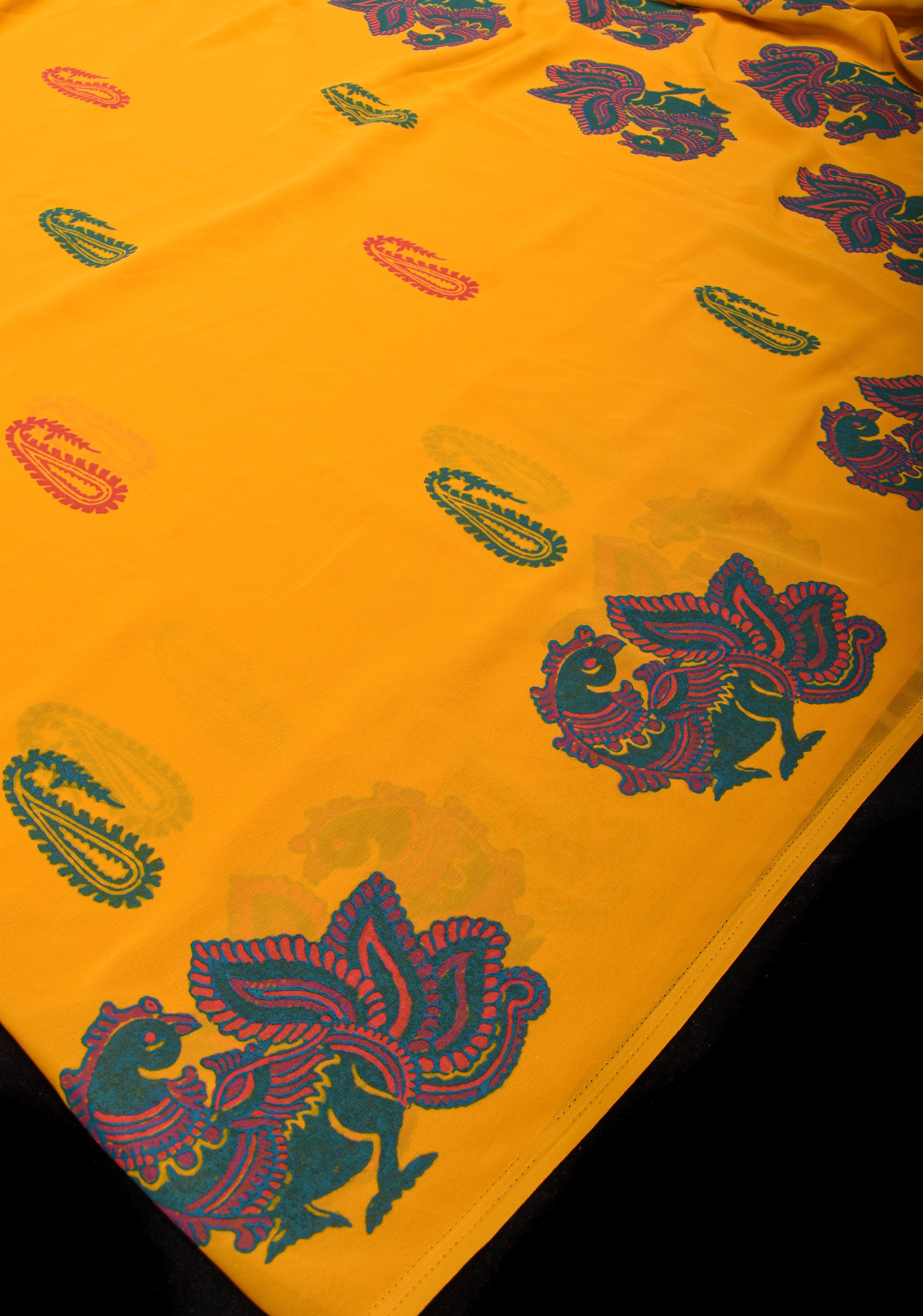 Mustard Georgette Saree with Sanganeri Hand Block Peacock and paisley Prints | Shobitam