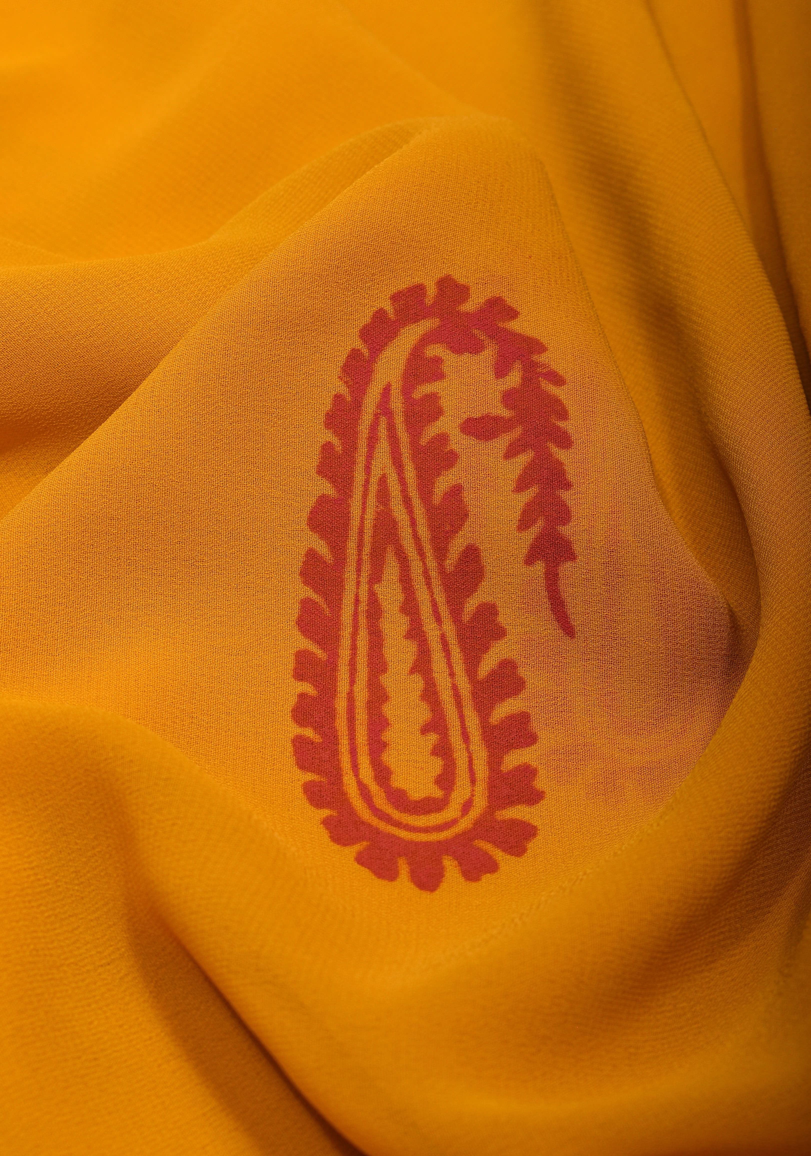 Mustard Georgette Saree with Sanganeri Hand Block Peacock and paisley Prints | Shobitam