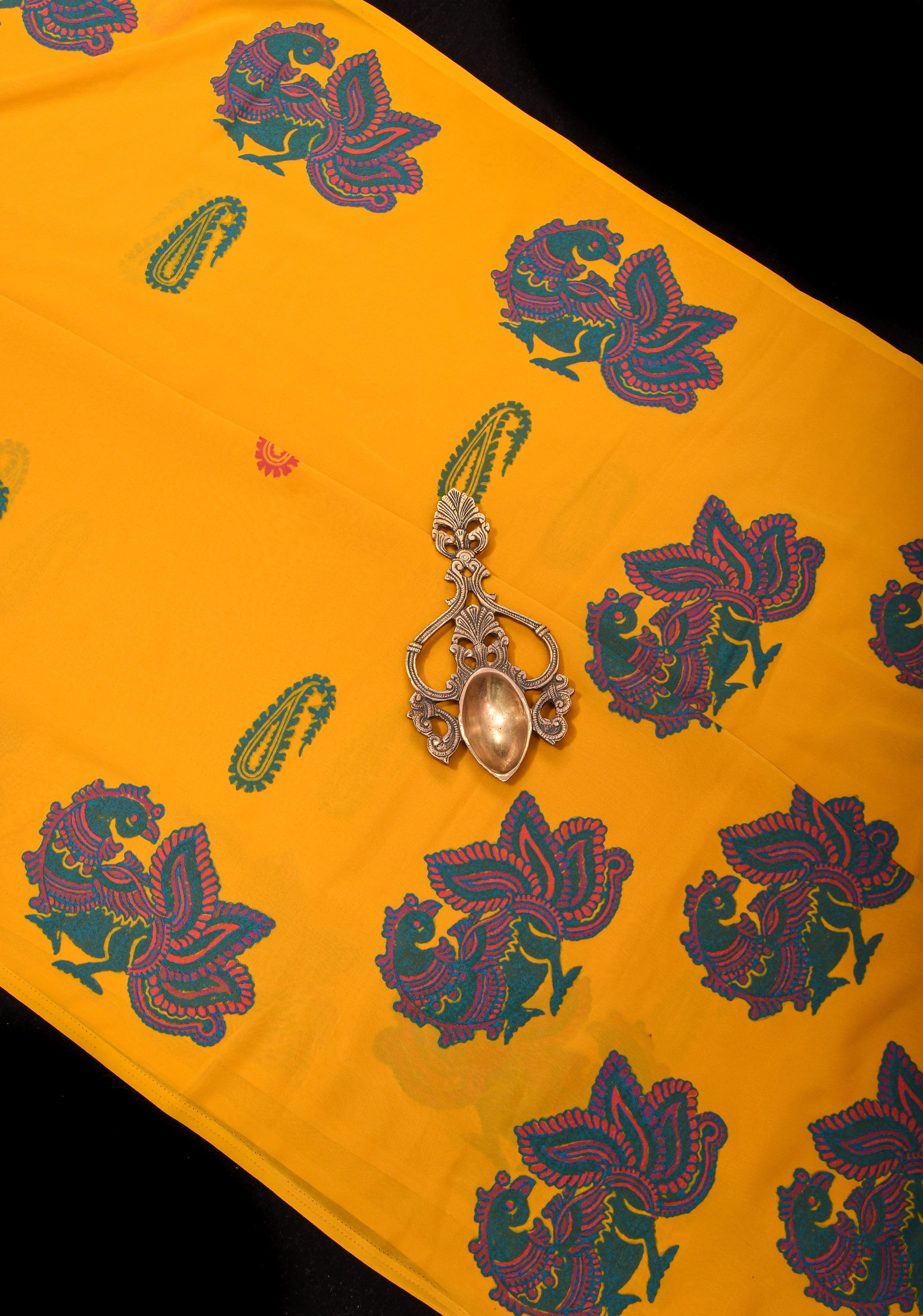 Mustard Georgette Saree with Sanganeri Hand Block Peacock and paisley Prints | Shobitam