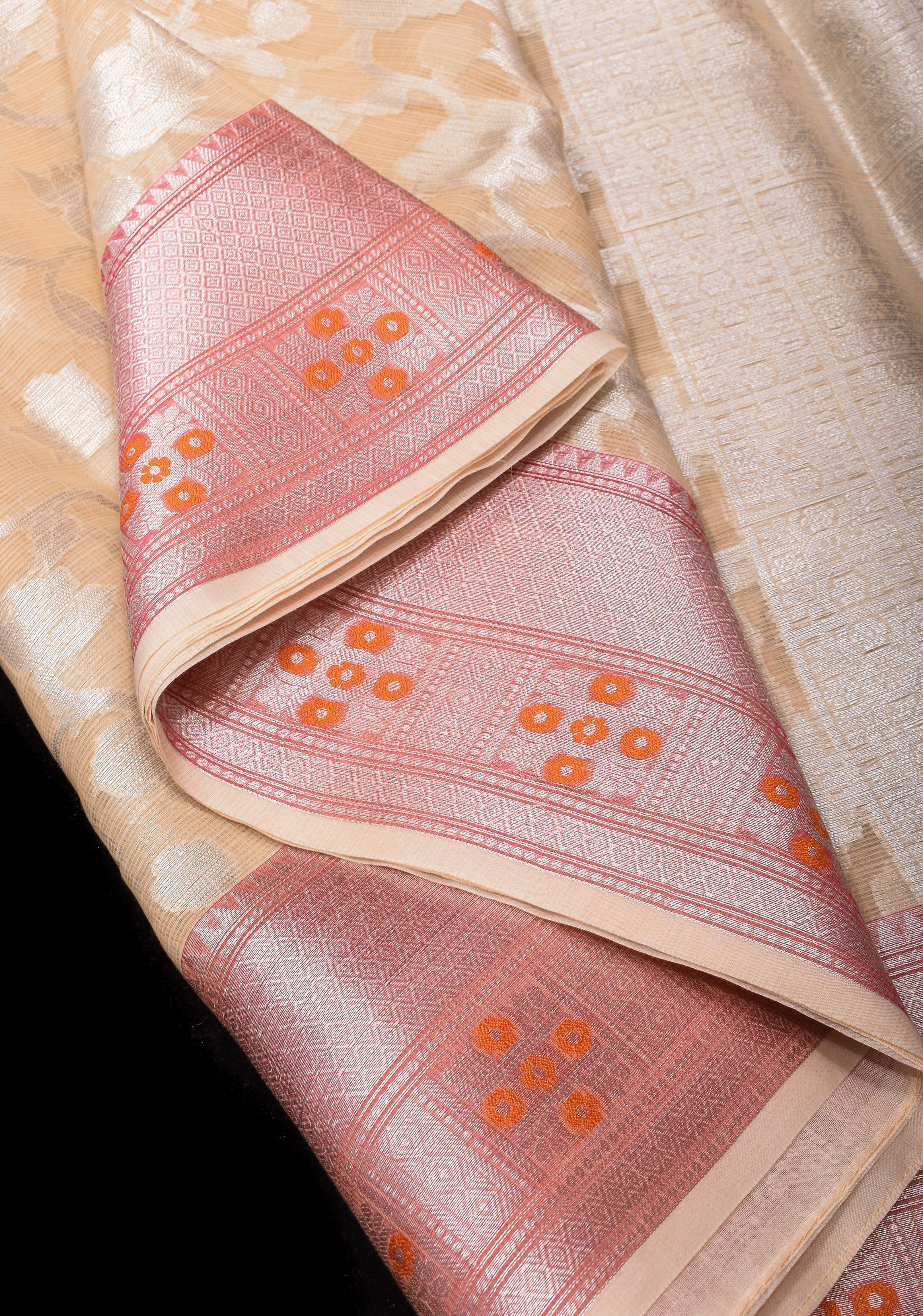 Unique Banarasi Meenakari Semi Kora Silk Saree in Beige with Silver Tone Zari & Floral Jaal | Shobitam