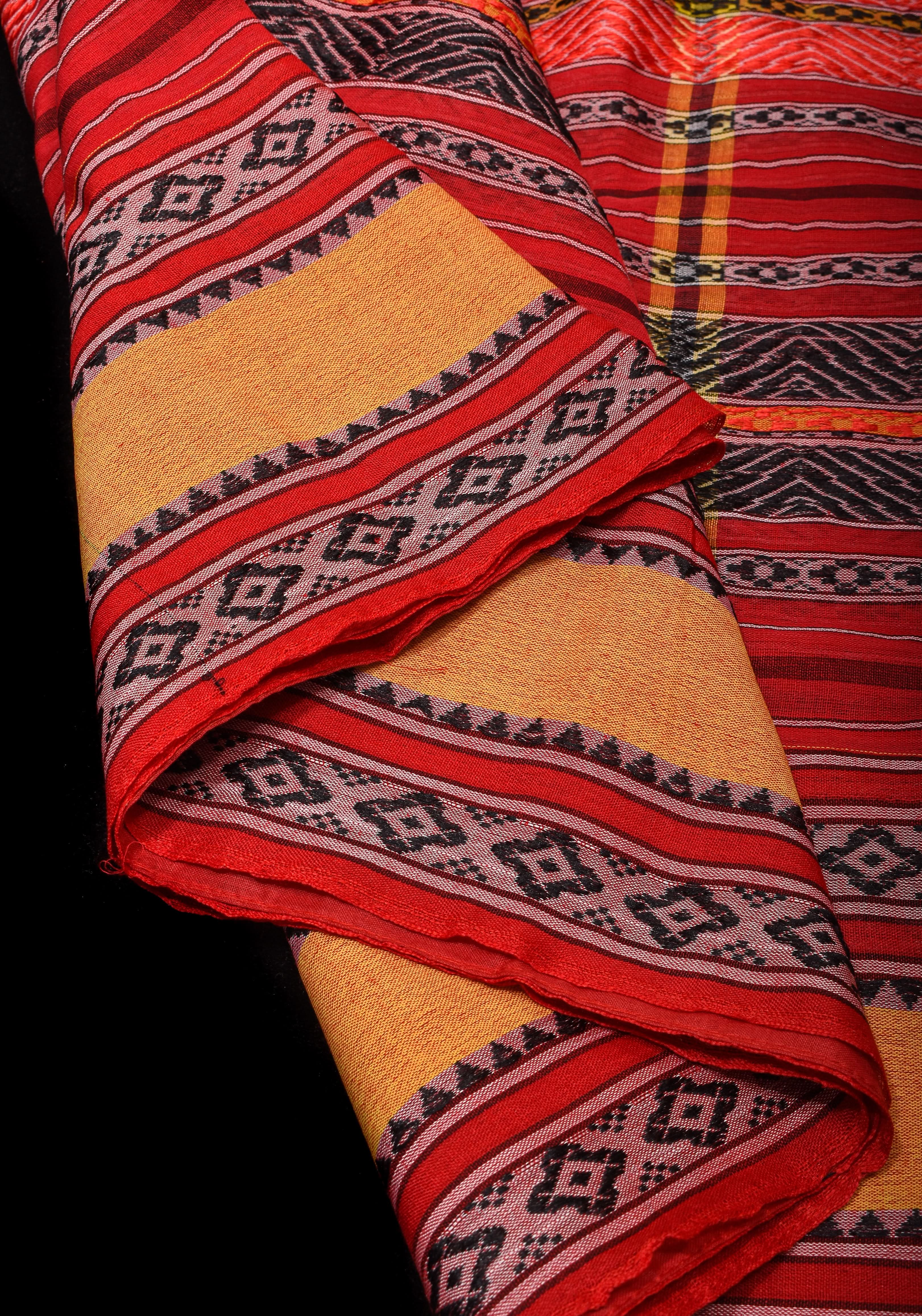 Red Bengal Cotton Saree with Multicolor weave stripes! | Shobitam