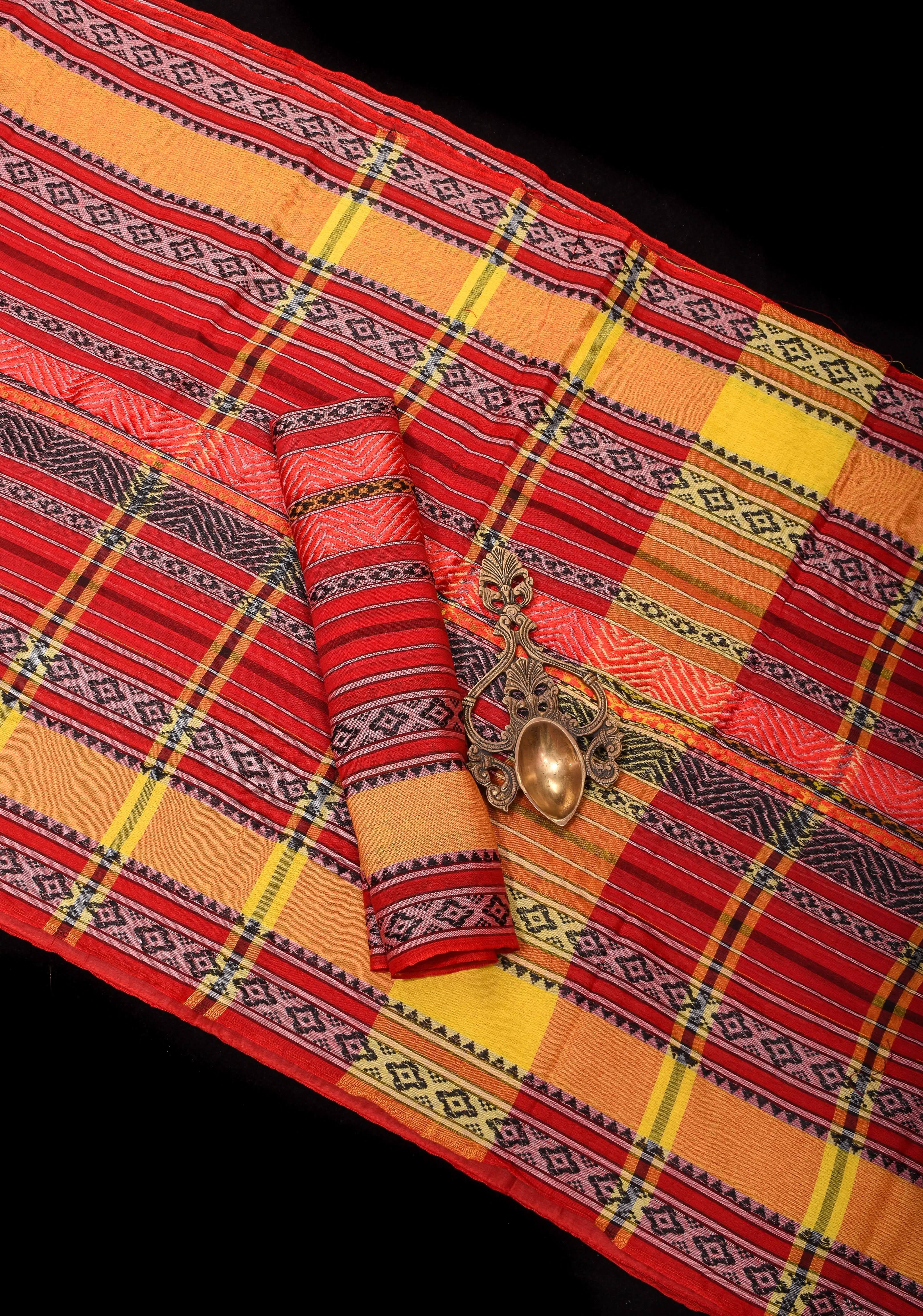 Red Bengal Cotton Saree with Multicolor weave stripes! | Shobitam