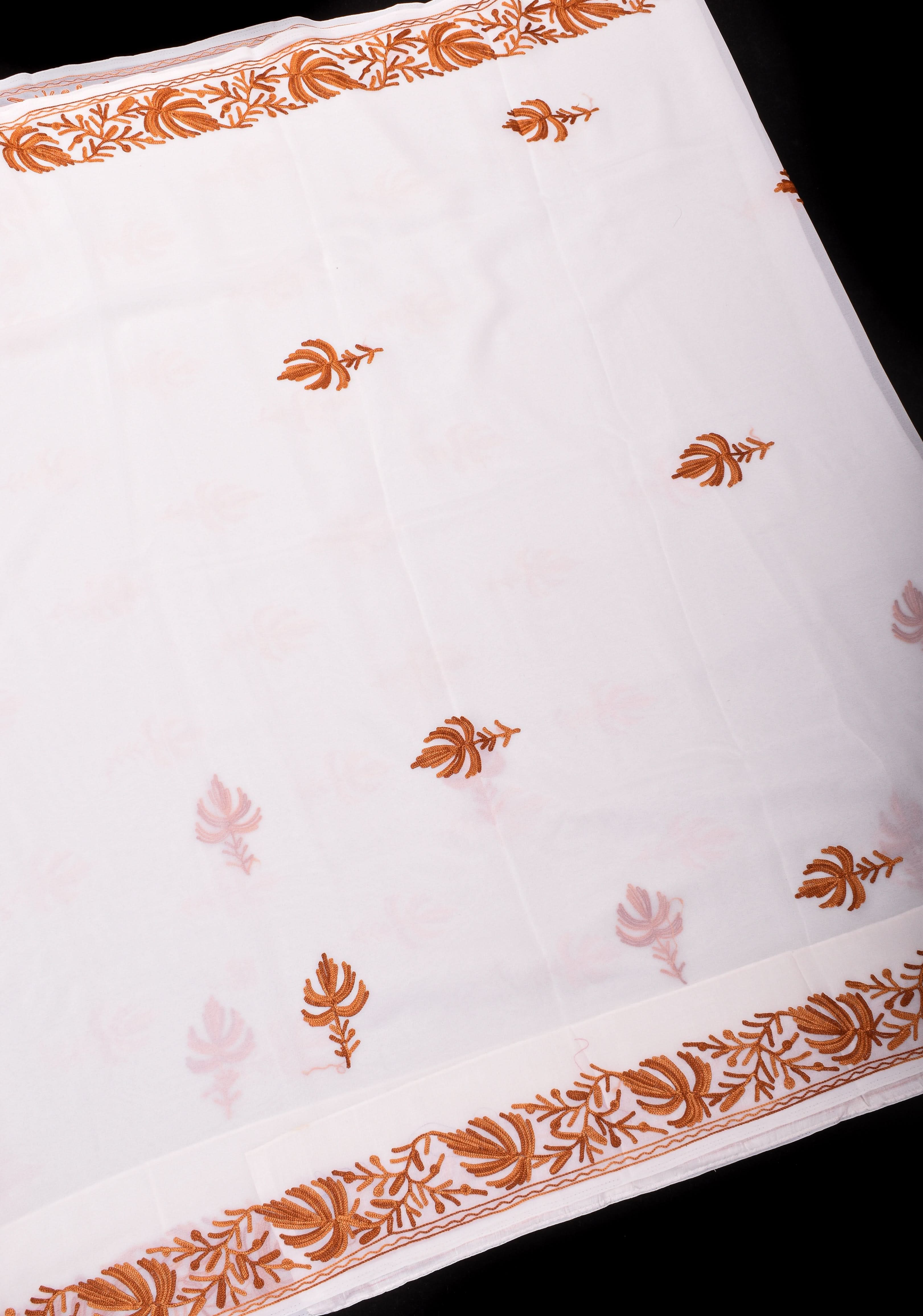 Kashmiri Aari Embroidery Georgette Saree in White with Maple leaf Motifs No Blouse Piece | Shobitam