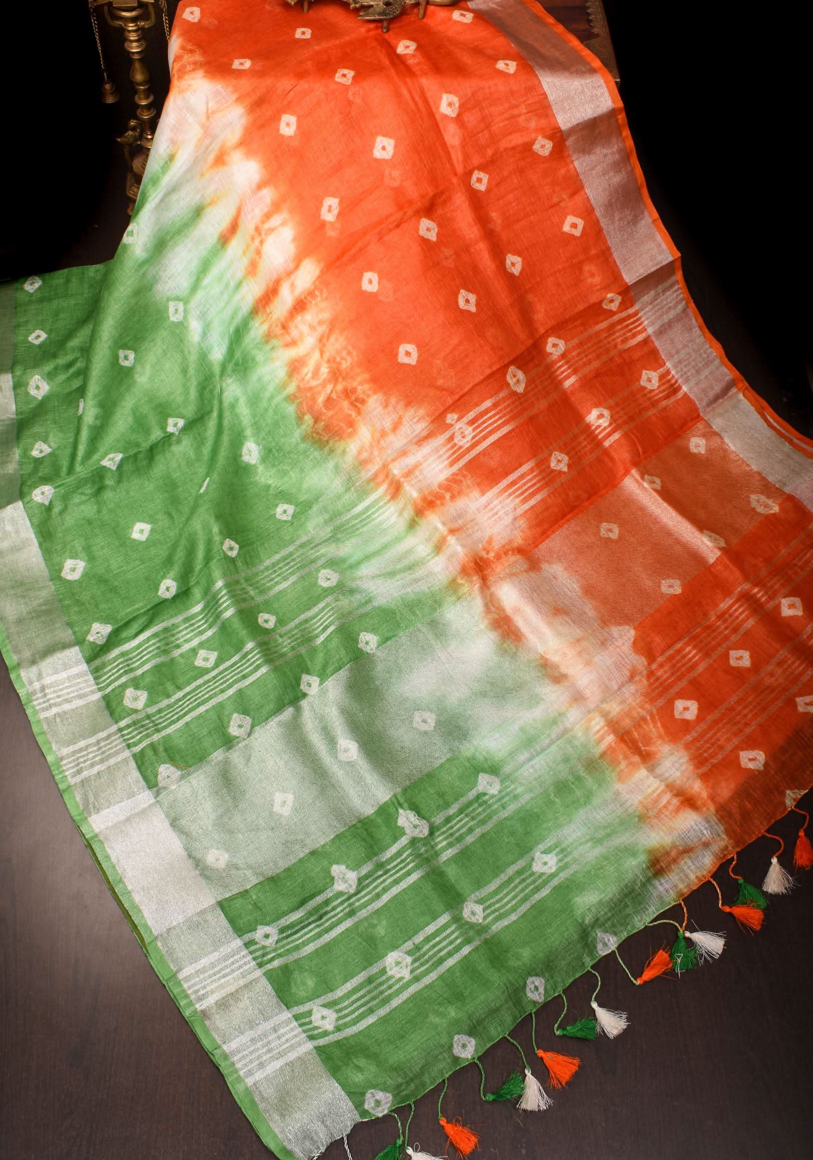 Tricolor Authentic Bandini - Shibori on Pure Linen by Linen Saree with Zari Border | Shobitam