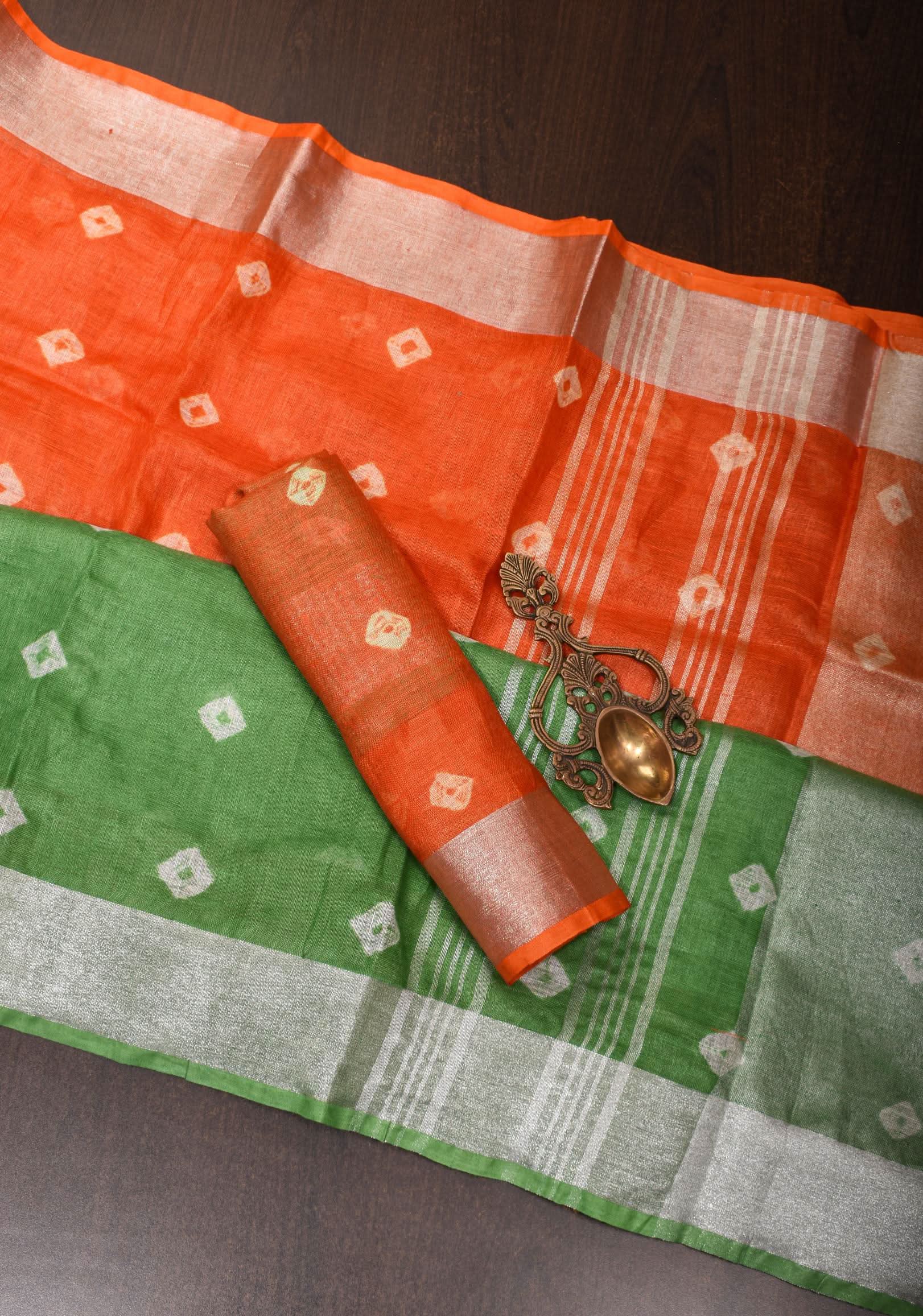 Tricolor Authentic Bandini - Shibori on Pure Linen by Linen Saree with Zari Border | Shobitam