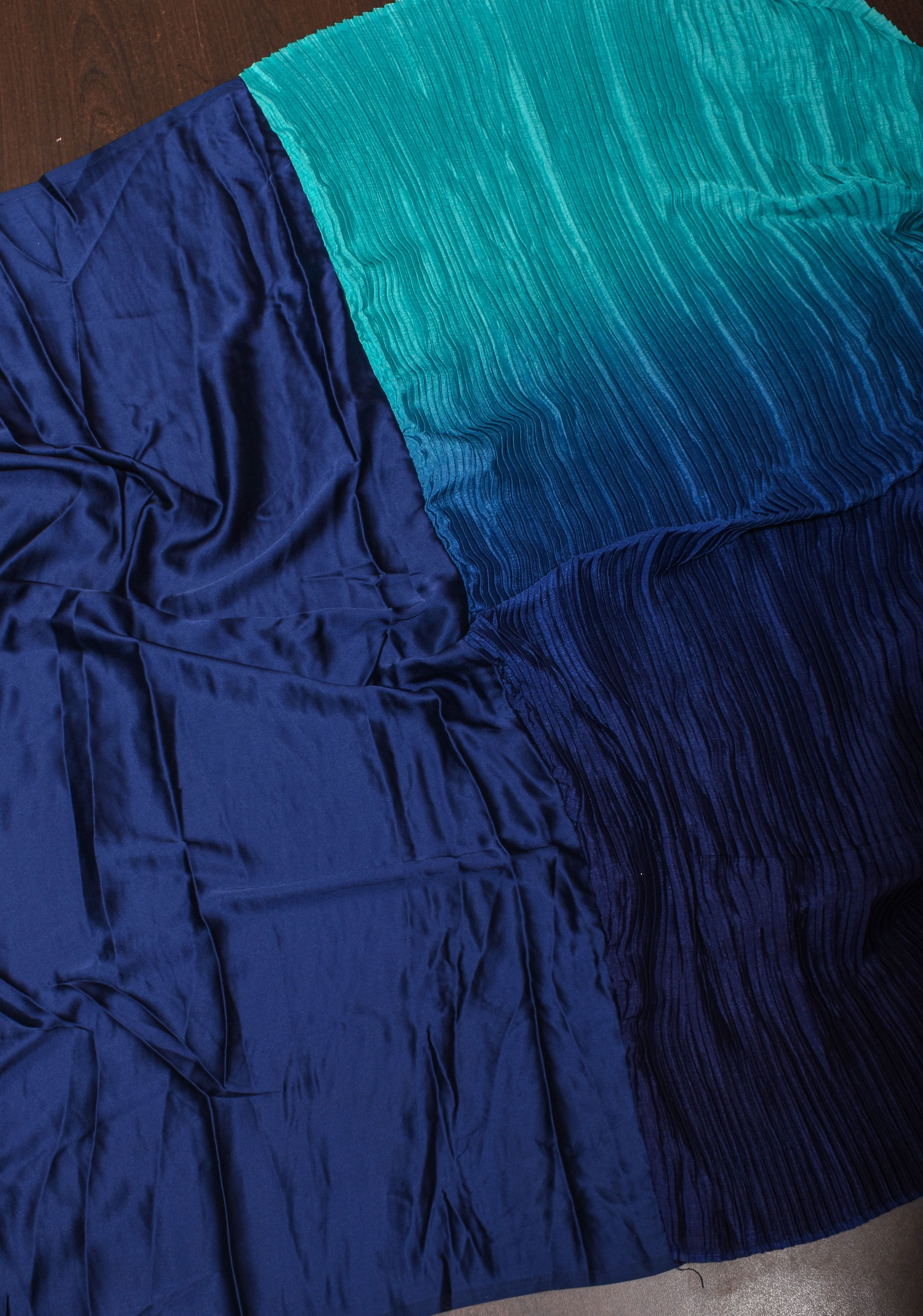 Contemporary shaded Satin pleated half and half saree in Shades of Blue, No Blouse piece | Shobitam