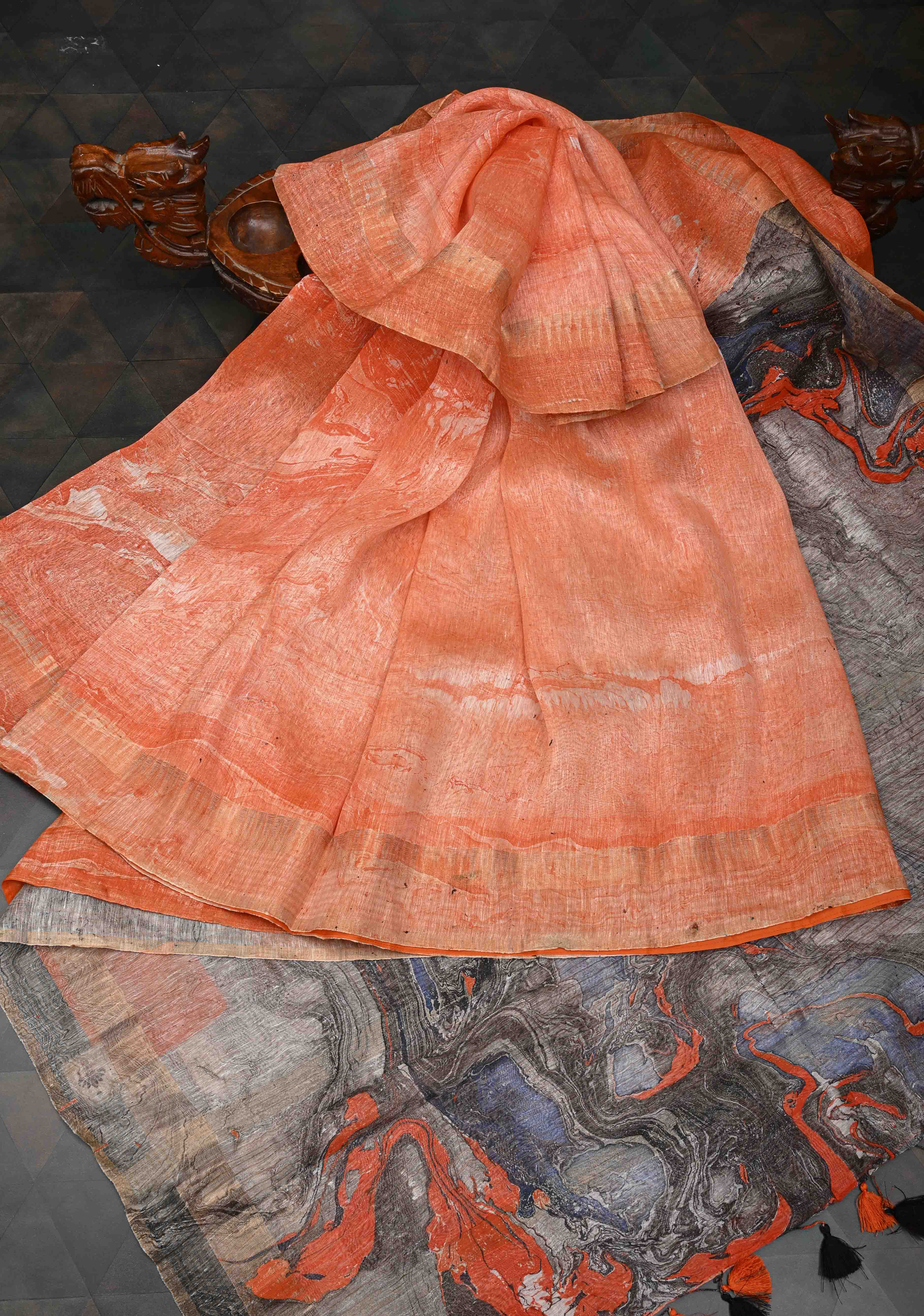 Orange Silk Linen Saree with Marble Digital Print and Muted Zari Borders | Shobitam