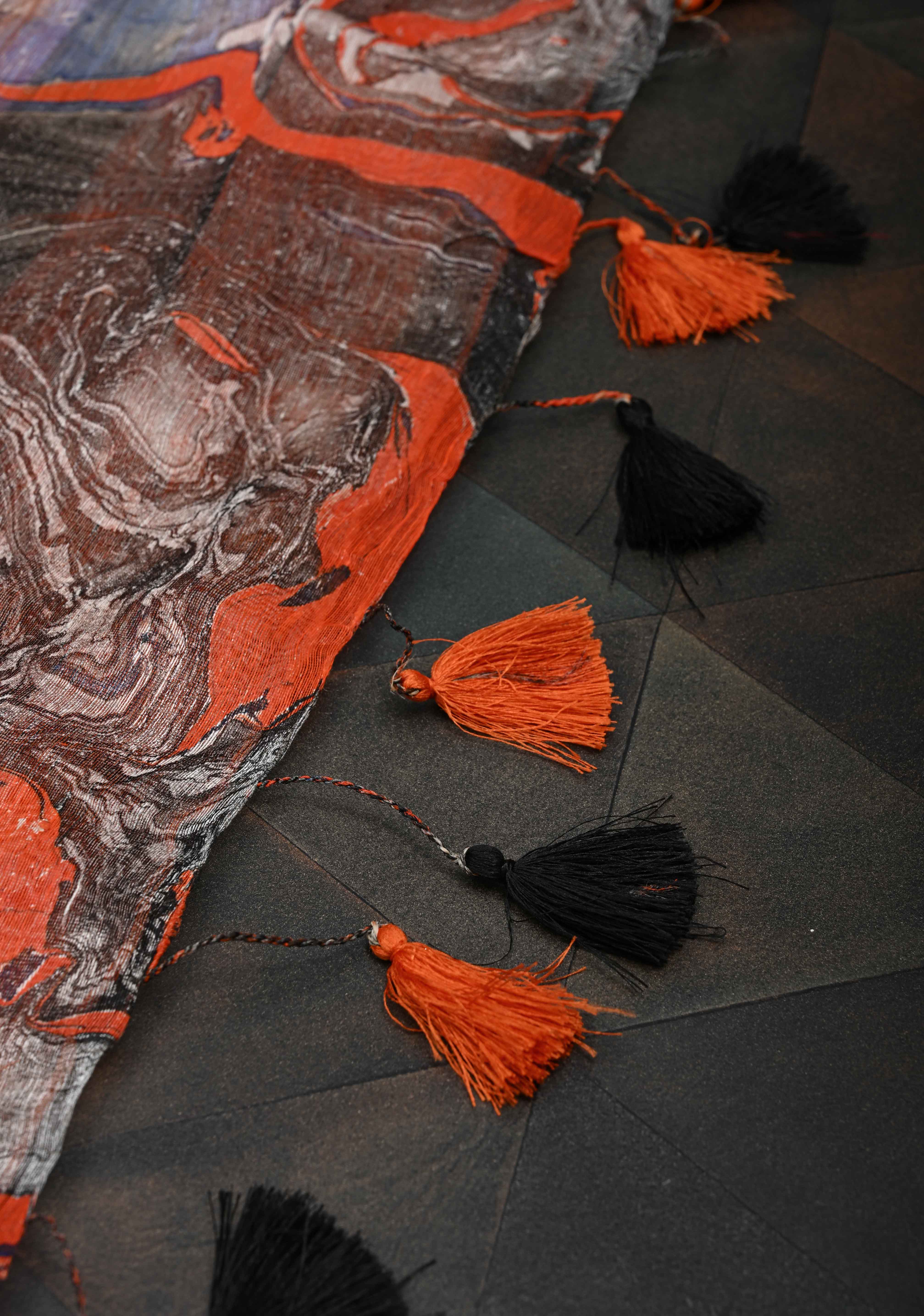 Orange Silk Linen Saree with Marble Digital Print and Muted Zari Borders | Shobitam
