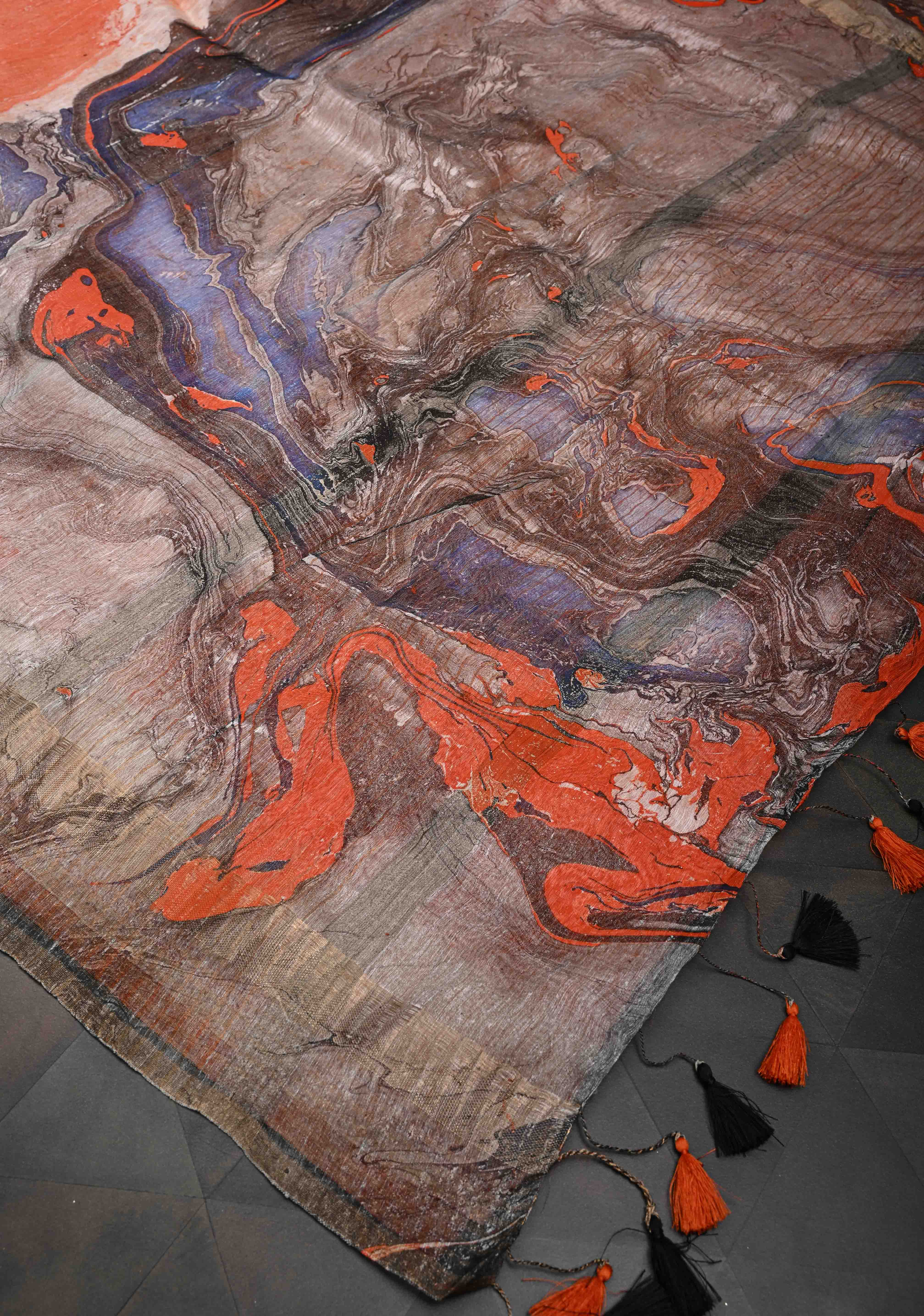 Orange Silk Linen Saree with Marble Digital Print and Muted Zari Borders | Shobitam