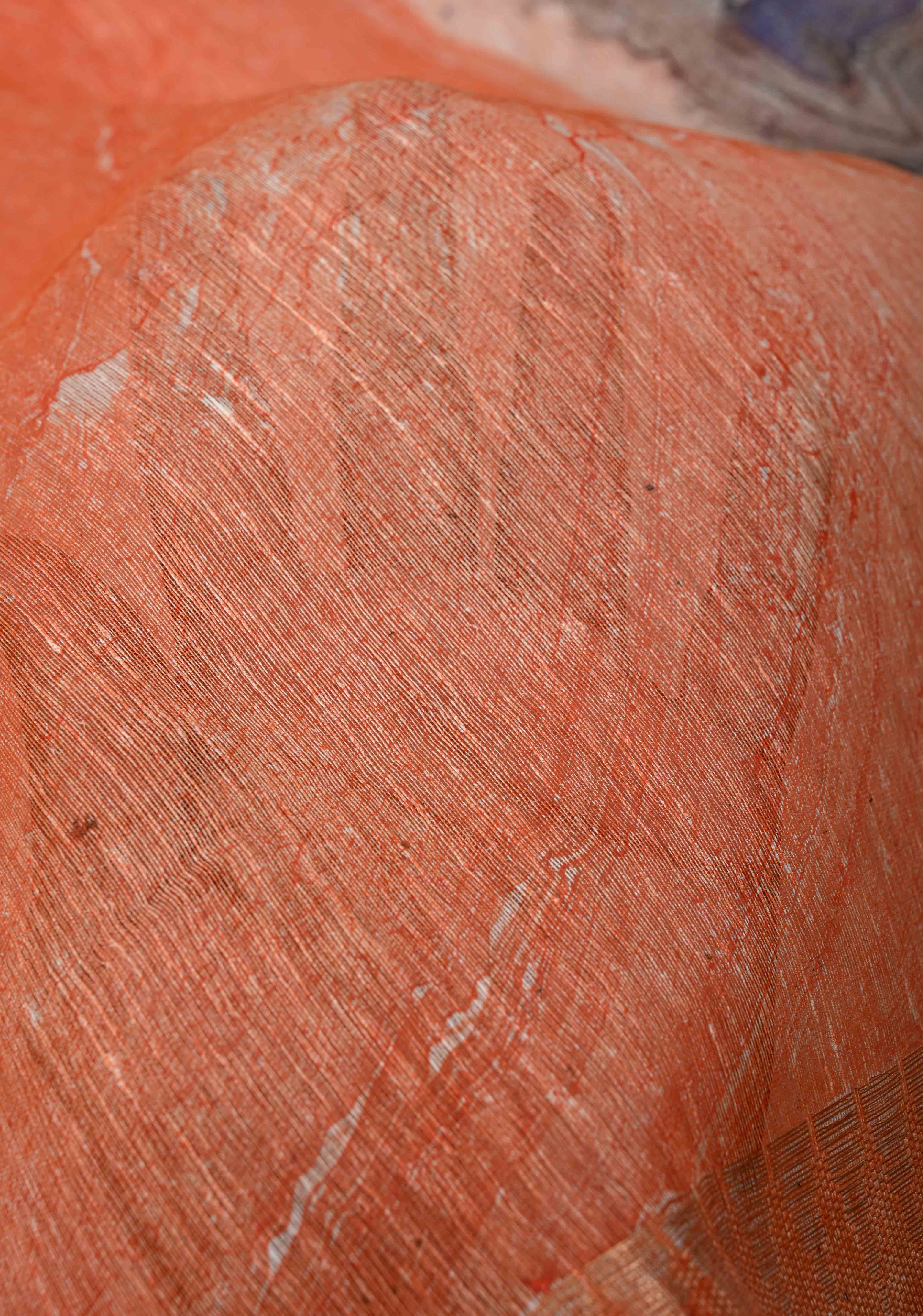 Orange Silk Linen Saree with Marble Digital Print and Muted Zari Borders | Shobitam