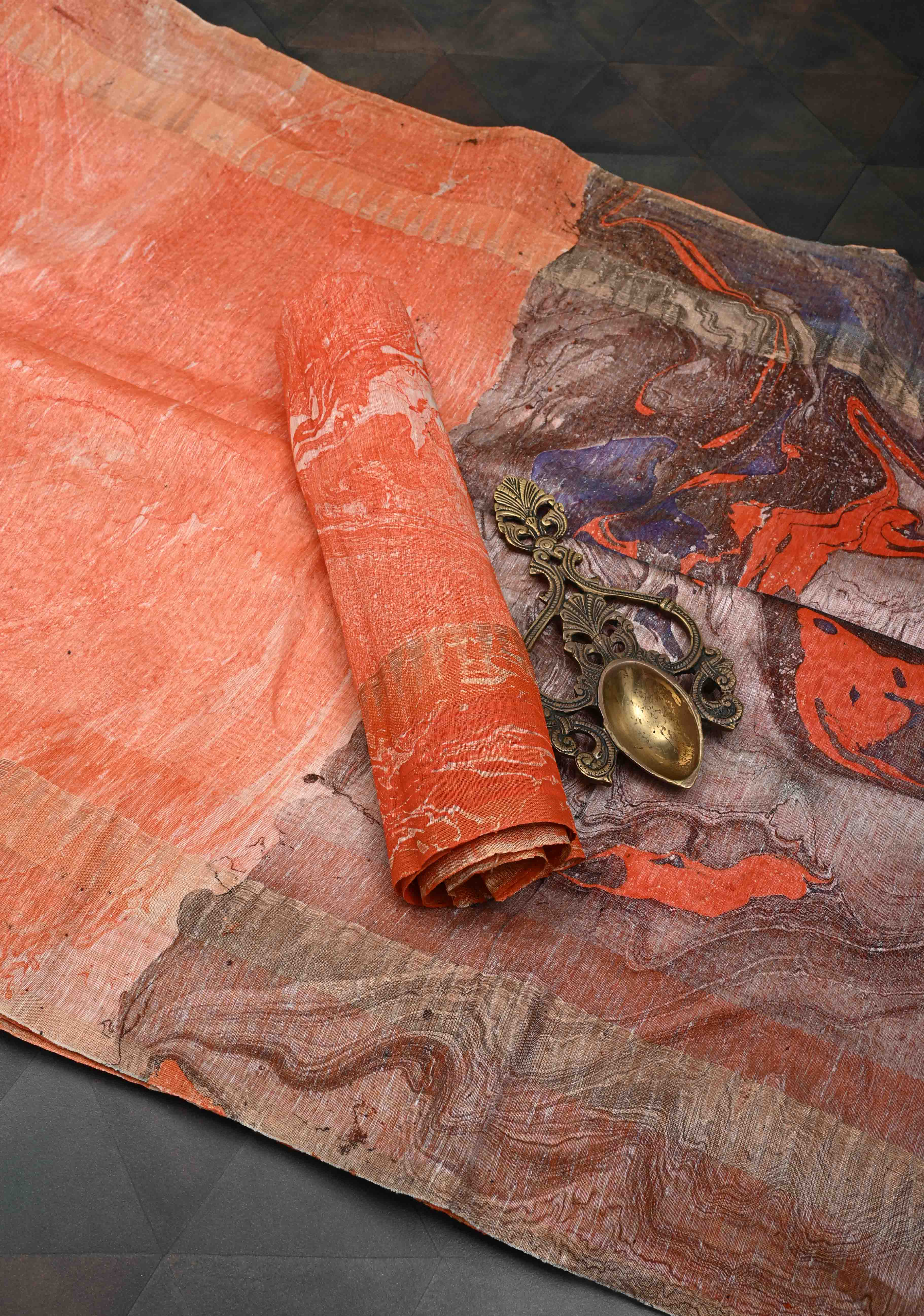 Orange Silk Linen Saree with Marble Digital Print and Muted Zari Borders | Shobitam