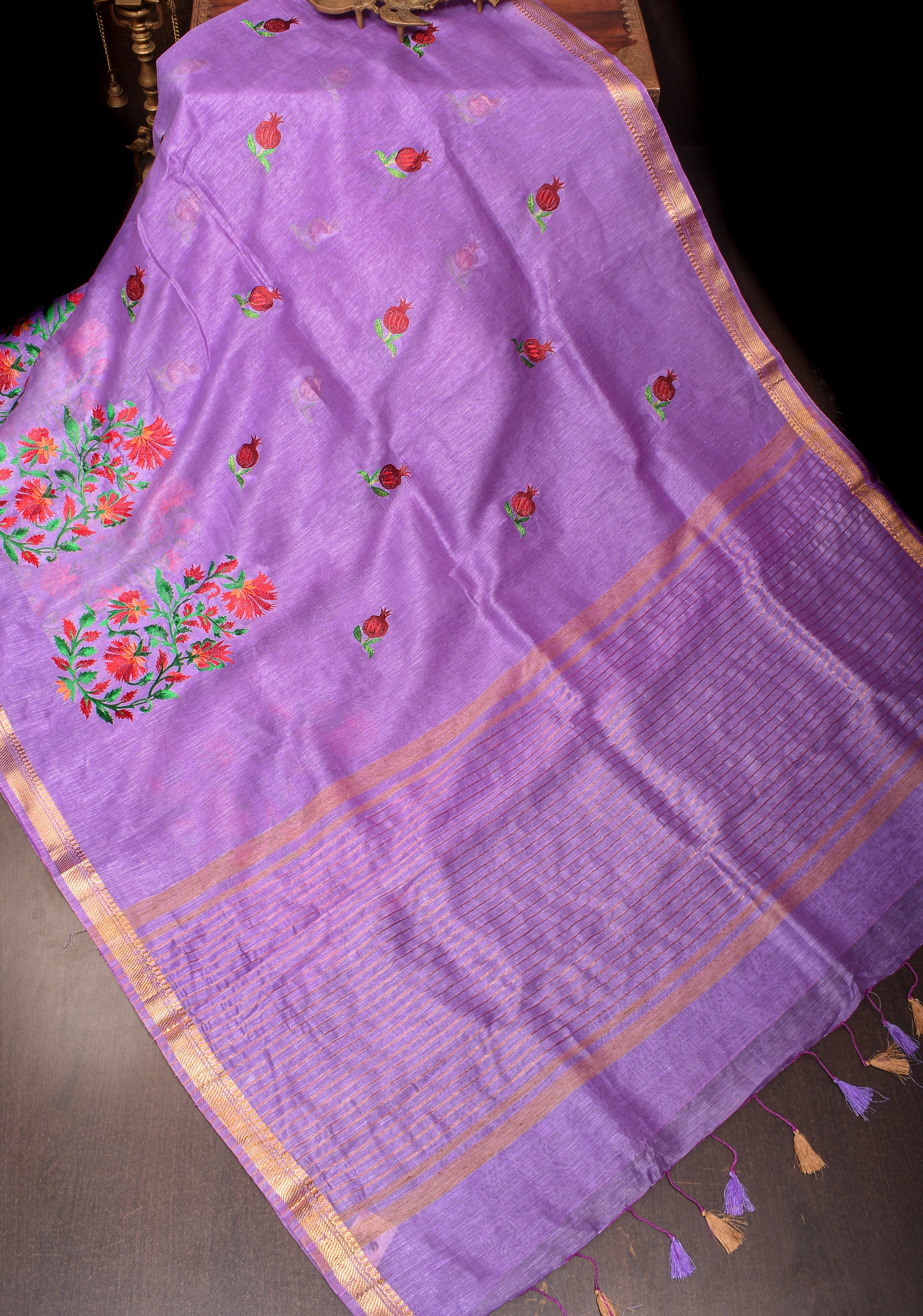 Anar Buttas and Floral embroidery on Silk Linen Saree In Lilac | Shobitam