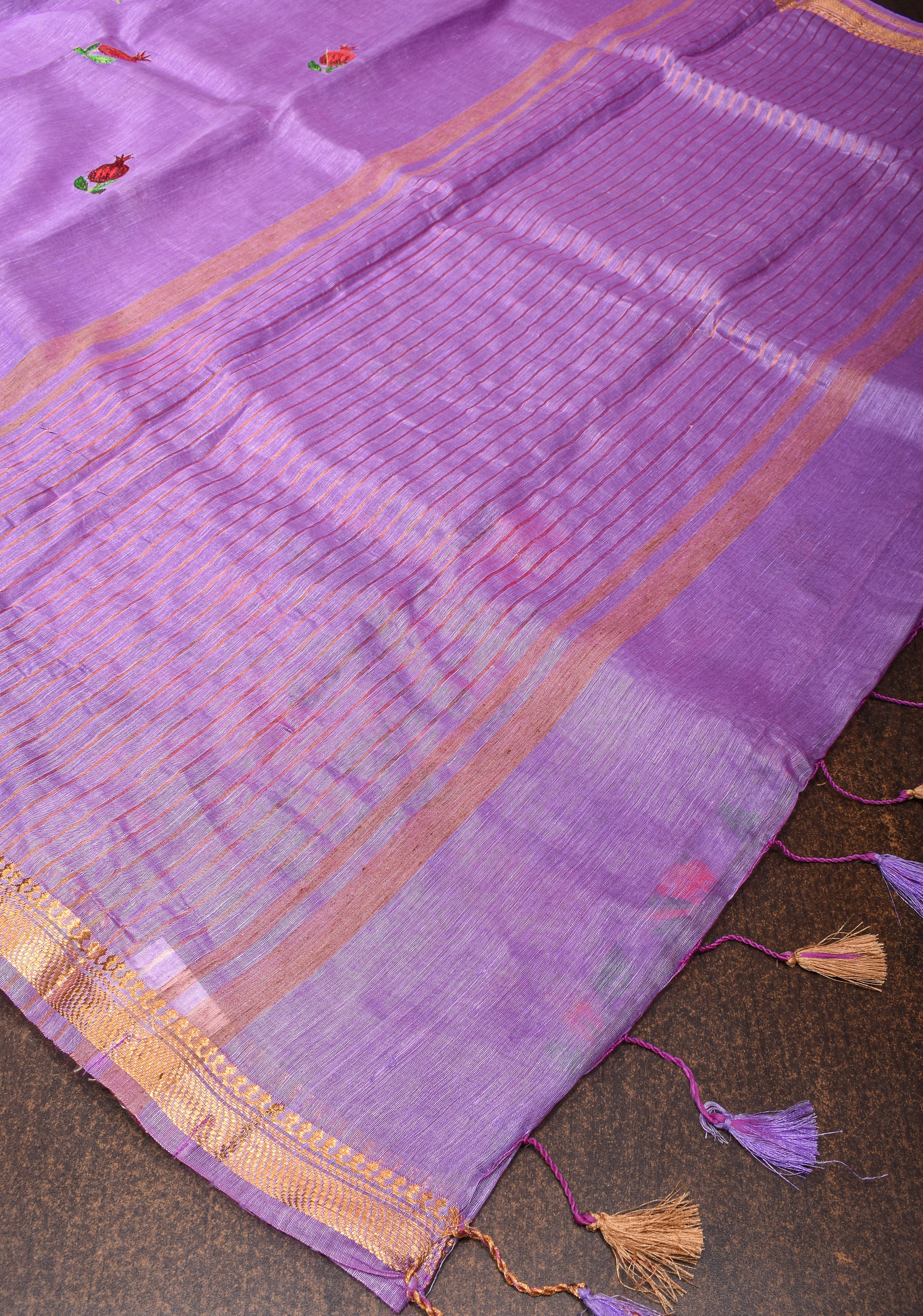 Anar Buttas and Floral embroidery on Silk Linen Saree In Lilac | Shobitam