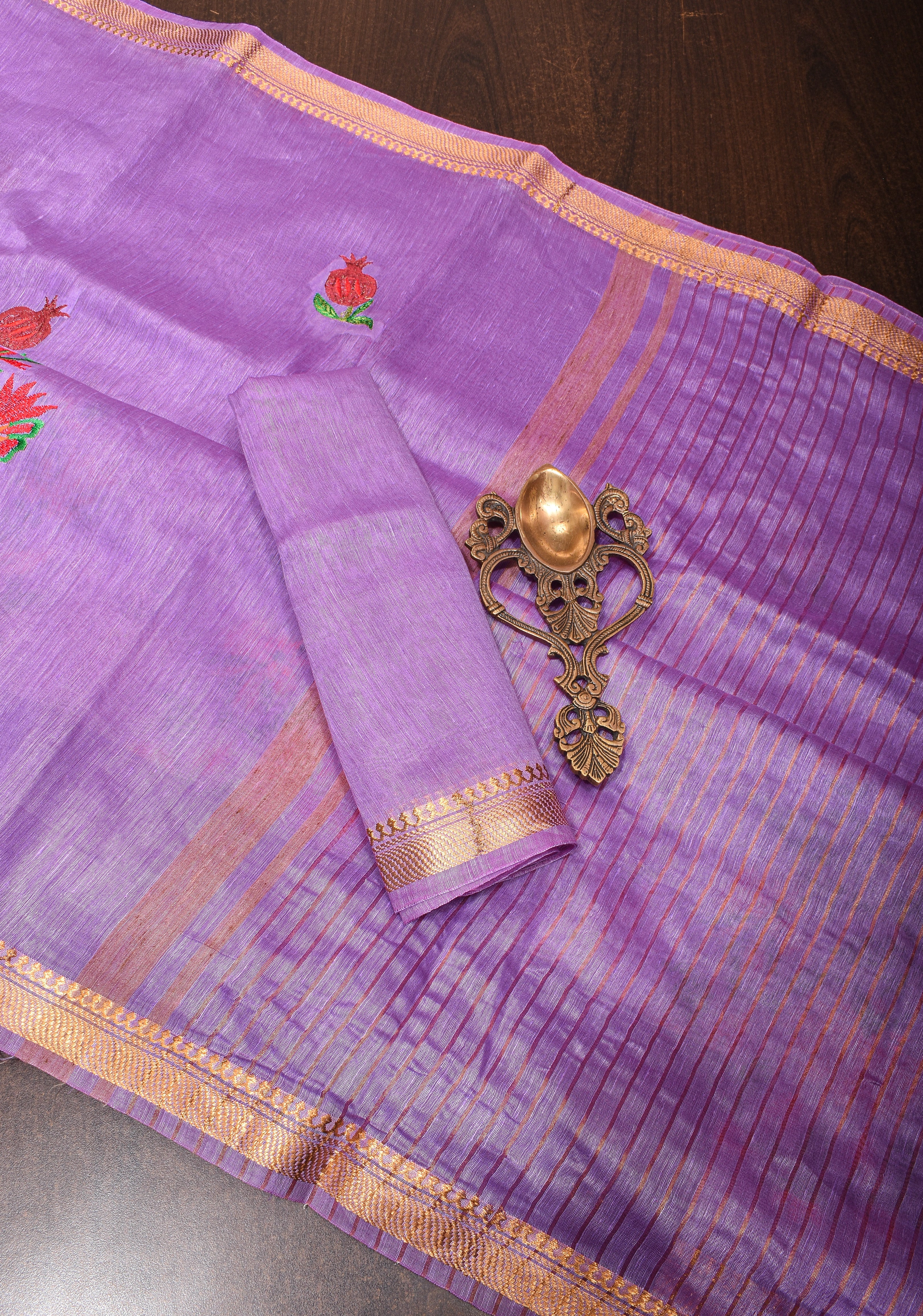 Anar Buttas and Floral embroidery on Silk Linen Saree In Lilac | Shobitam