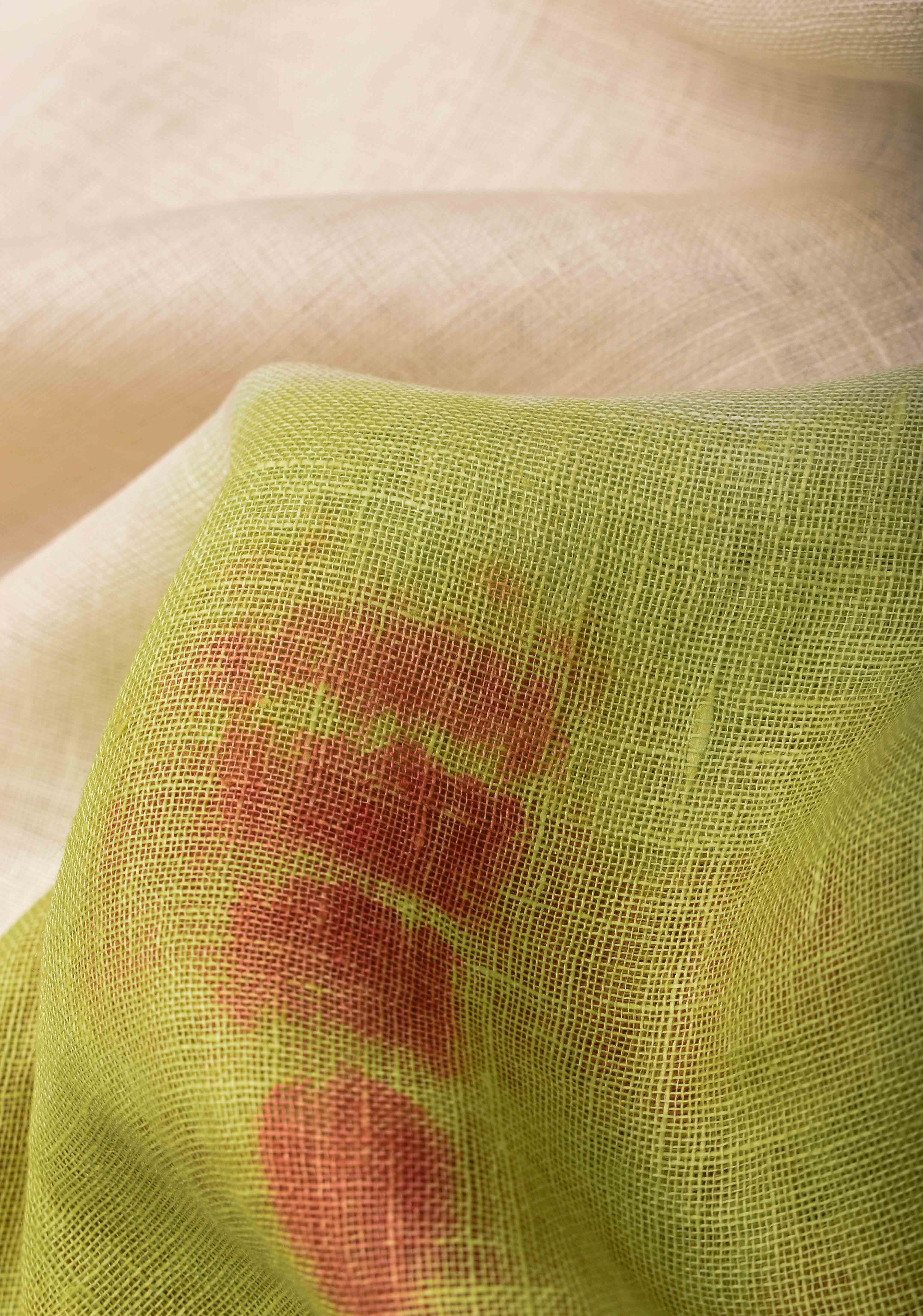 Off White and Green Shibori Linen by Linen Saree and Zari Border | Shobitam
