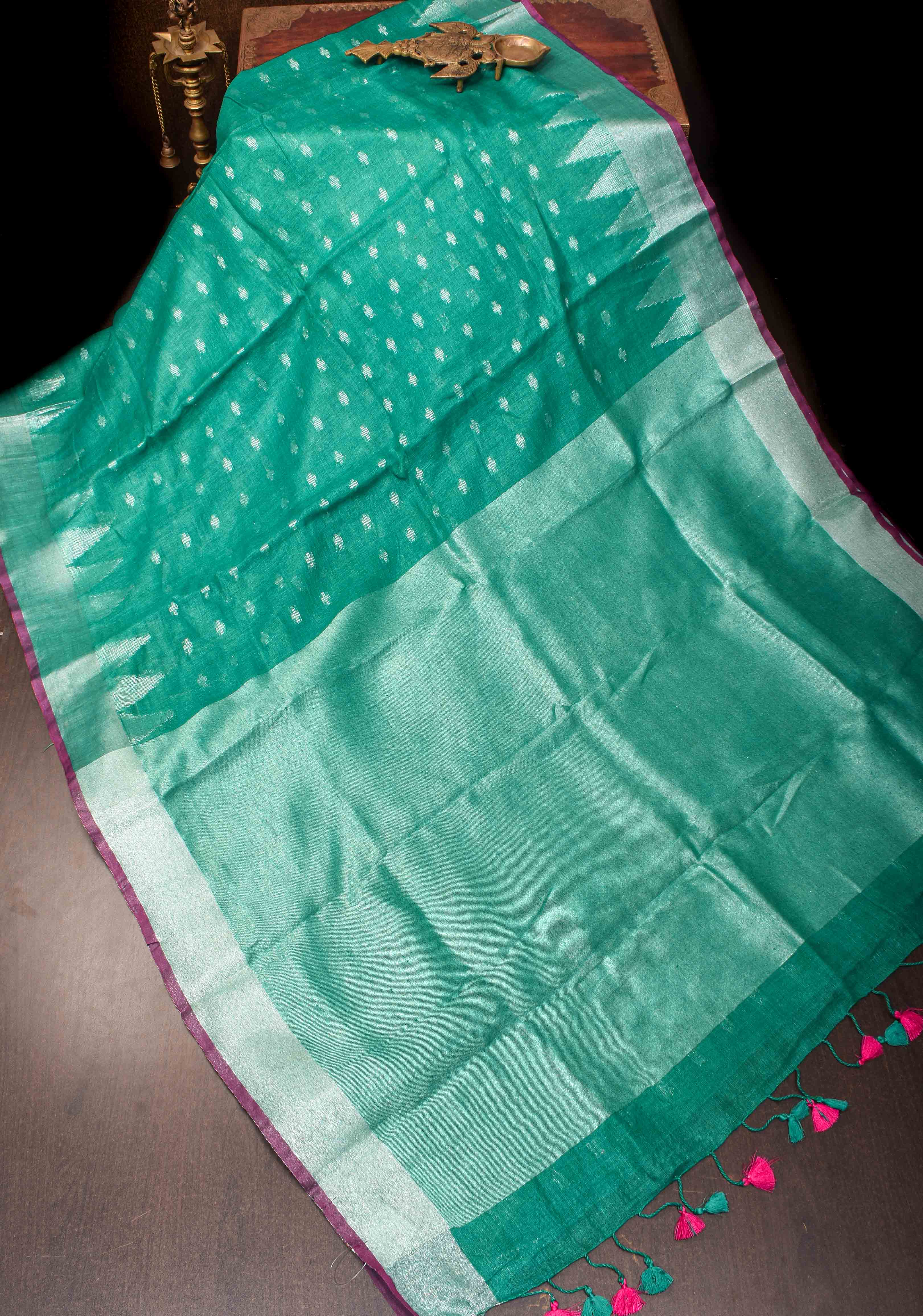 Light Teal Linen by Linen Saree with Temple Zari Border | Shobitam